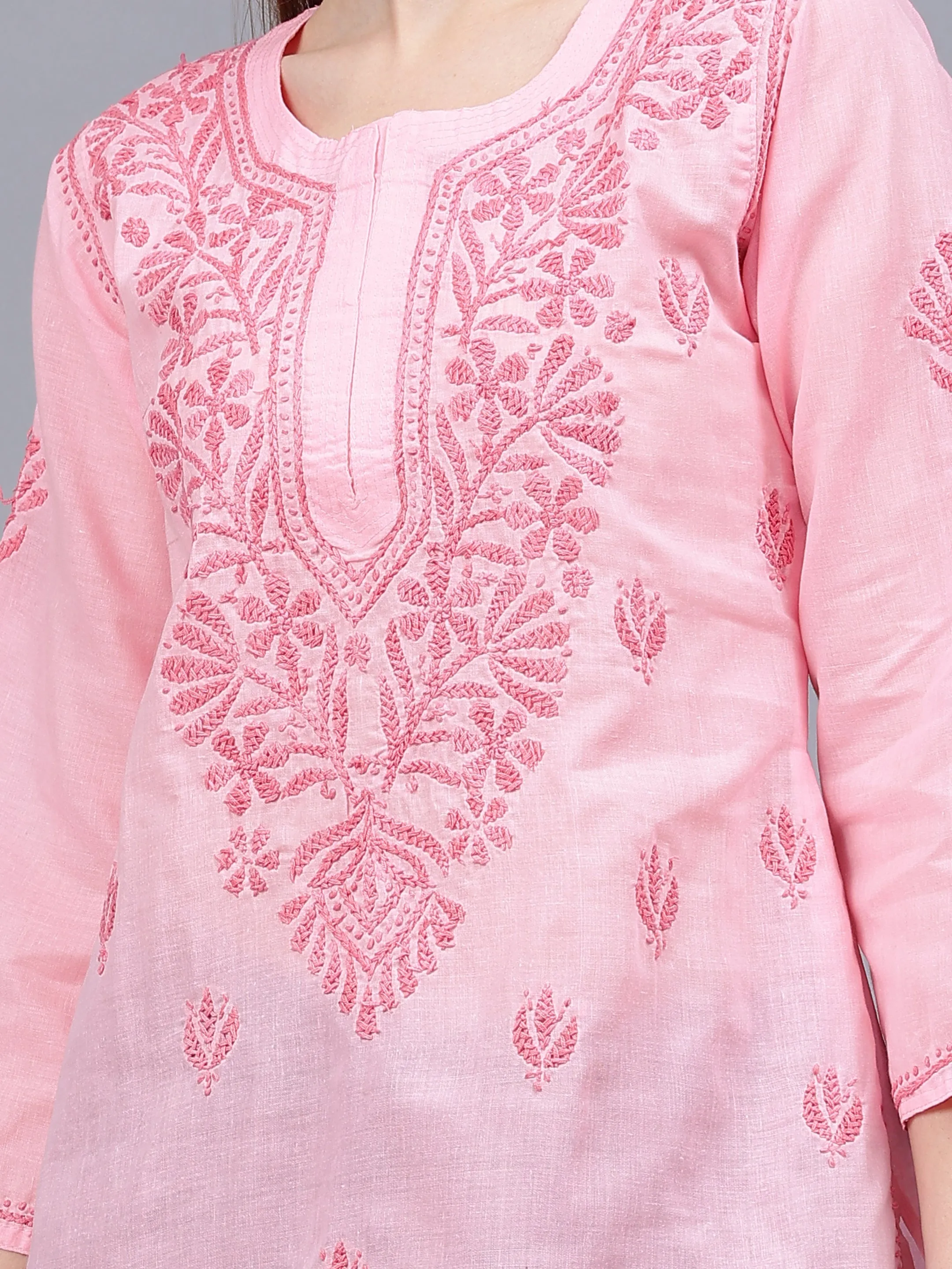 Pink Cotton Embroidered Chikankari Tunic