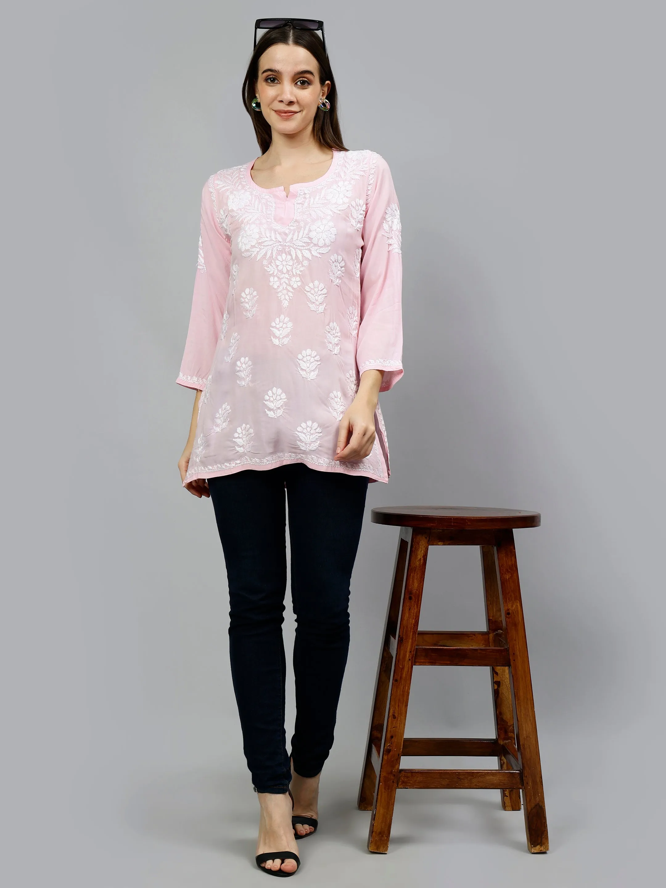 Pink Modal Embroidered Lucknowi Chikankari Short Tunic