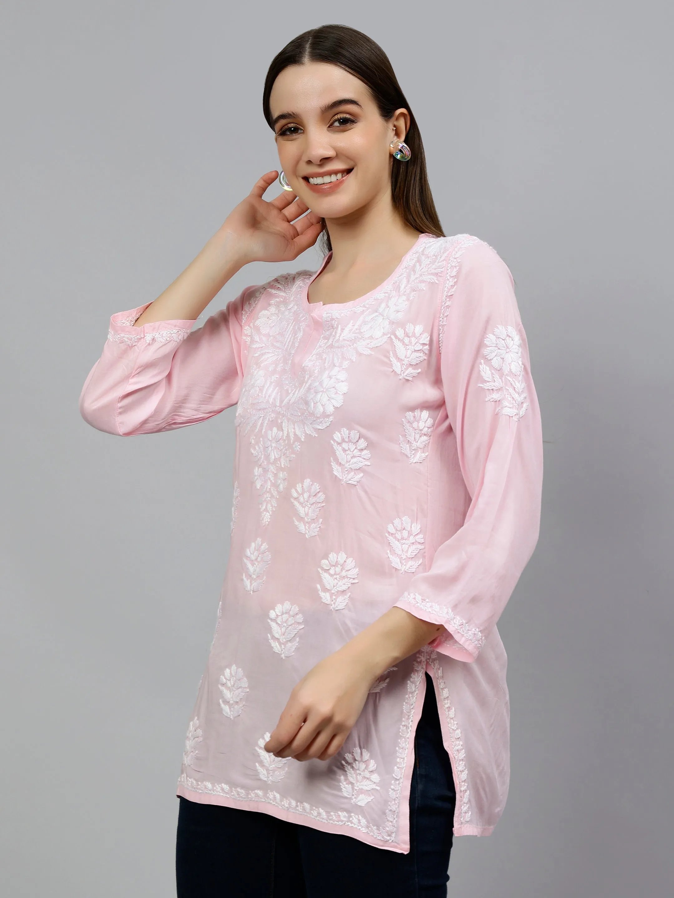 Pink Modal Embroidered Lucknowi Chikankari Short Tunic