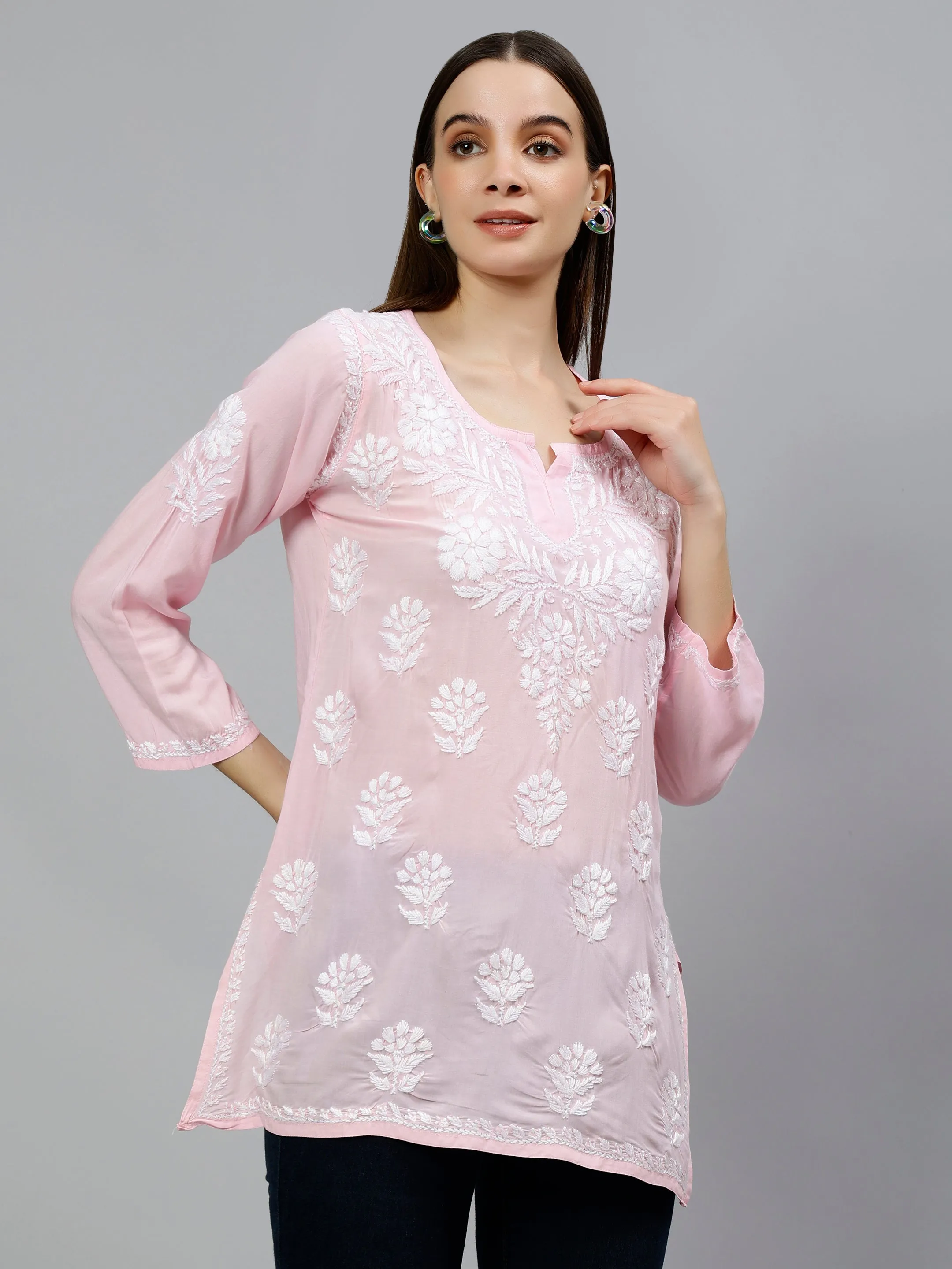 Pink Modal Embroidered Lucknowi Chikankari Short Tunic