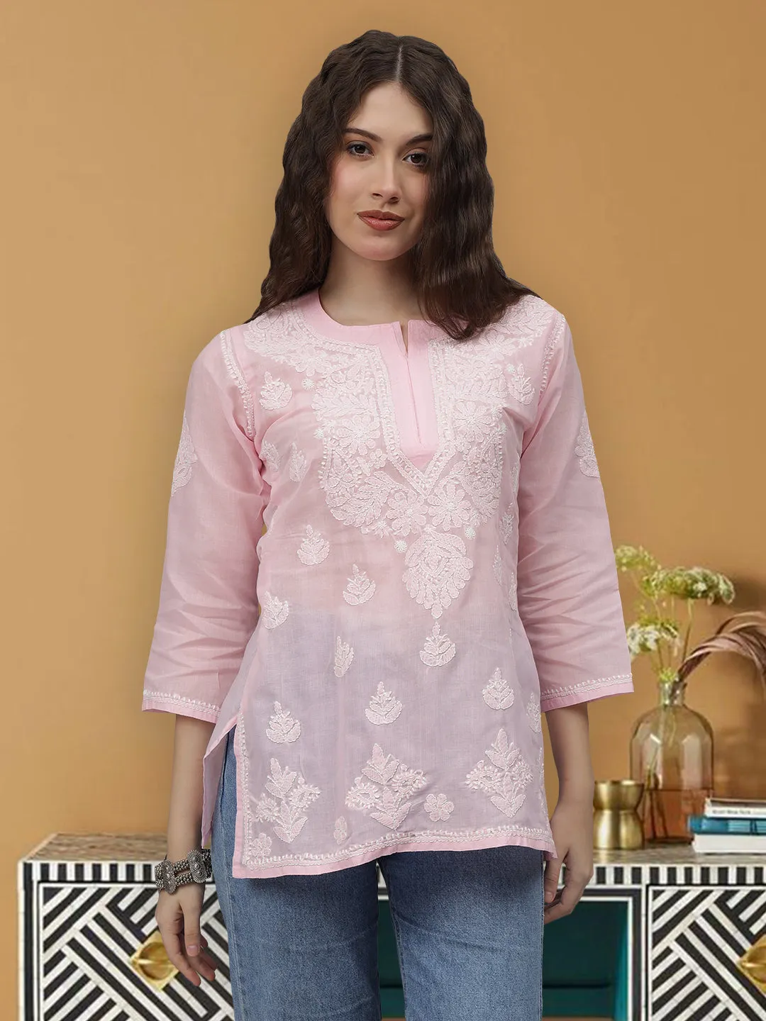 Pink Terivoil Cotton Embroidered Chikankari Tunic