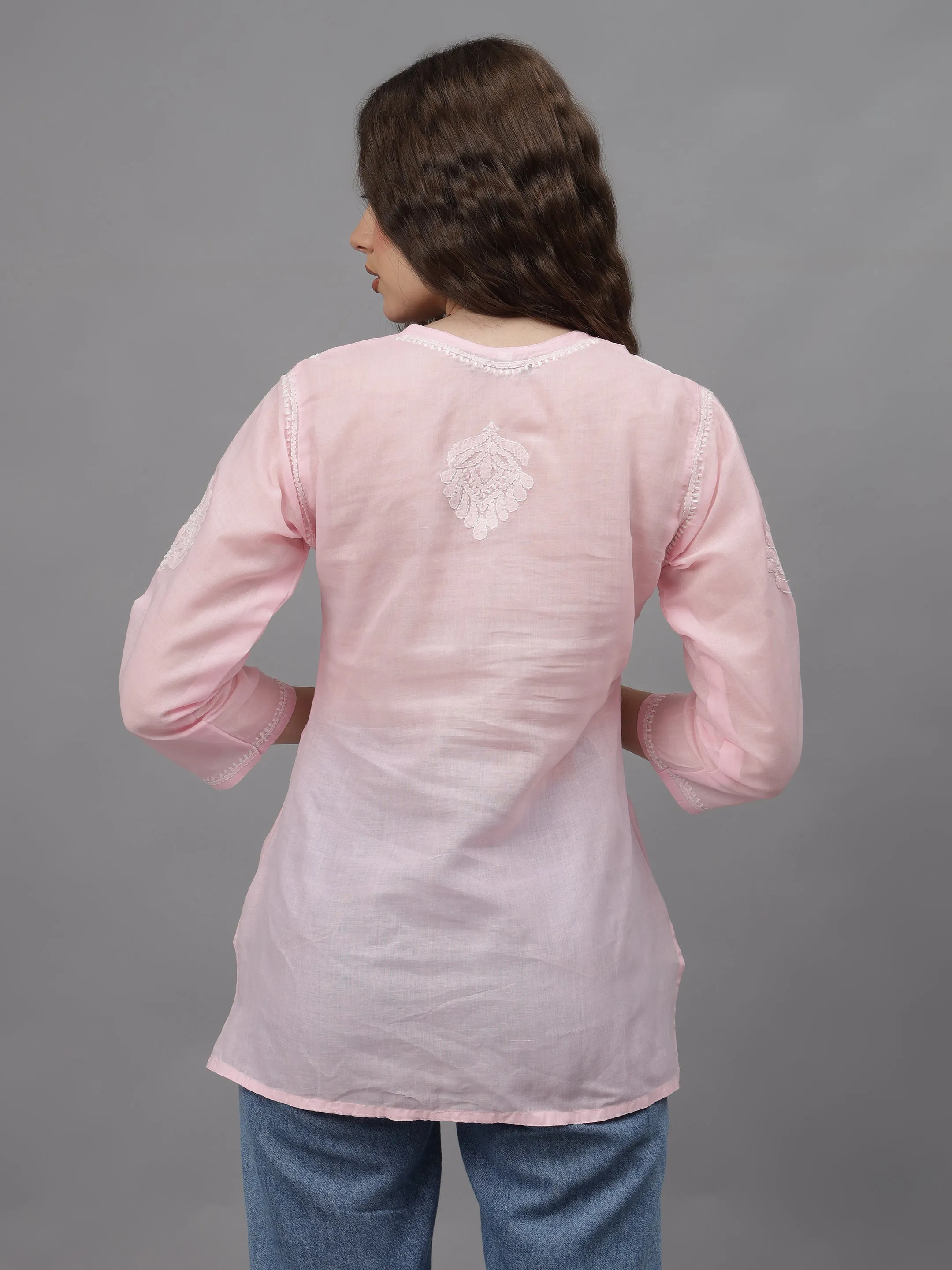 Pink Terivoil Cotton Embroidered Chikankari Tunic