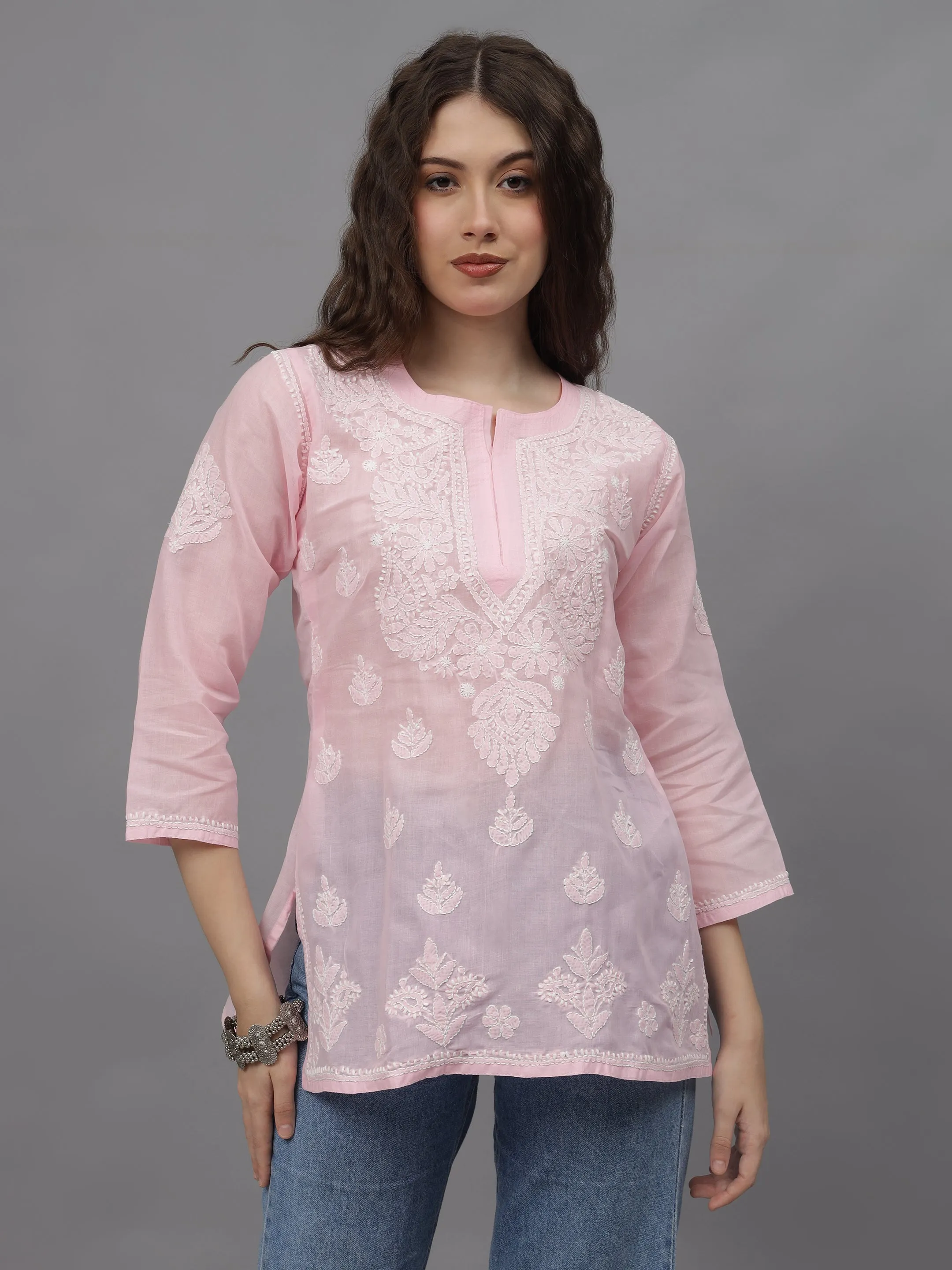 Pink Terivoil Cotton Embroidered Chikankari Tunic