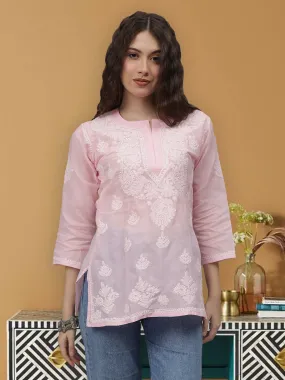 Pink Terivoil Cotton Embroidered Chikankari Tunic