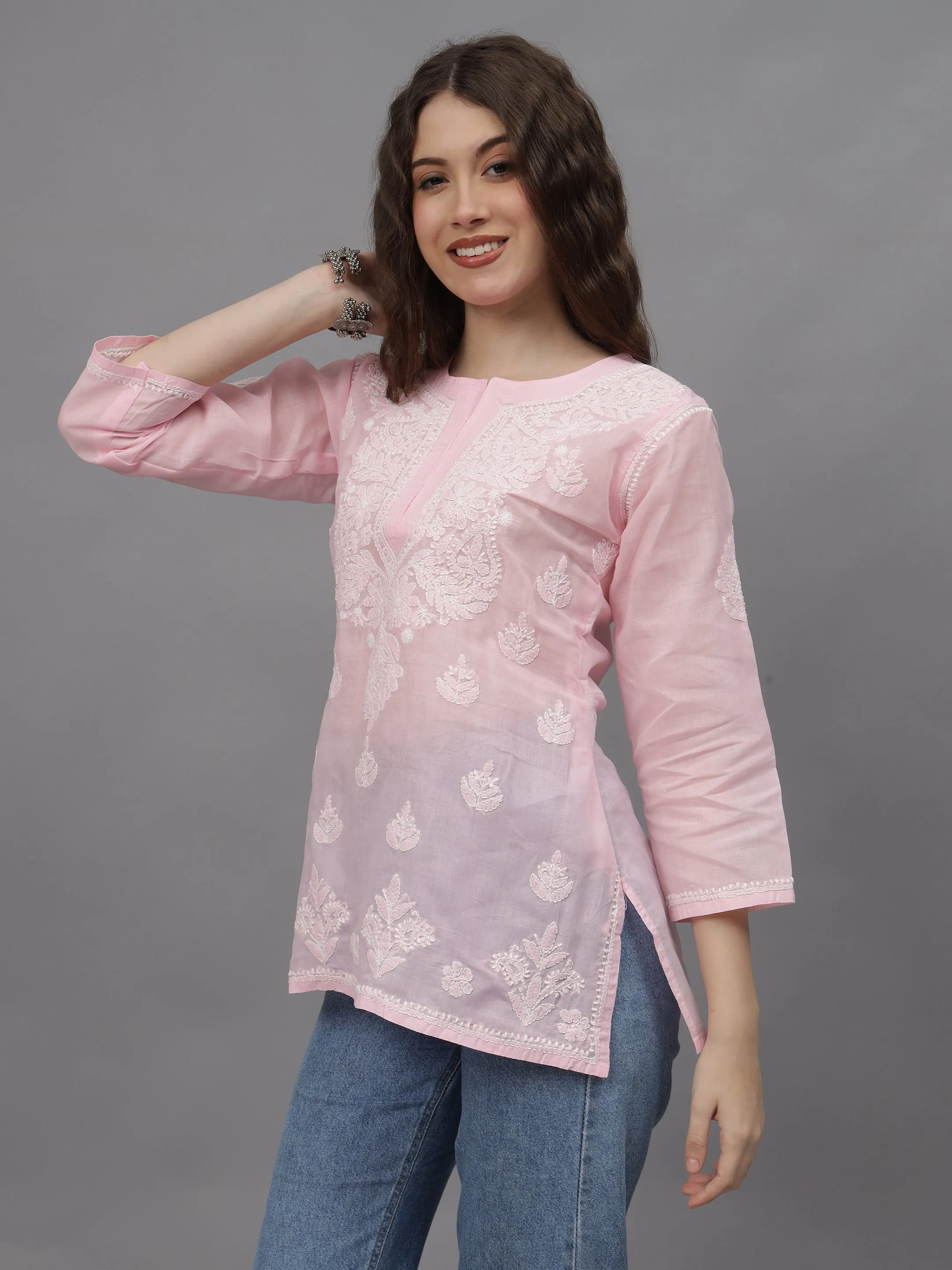 Pink Terivoil Cotton Embroidered Chikankari Tunic