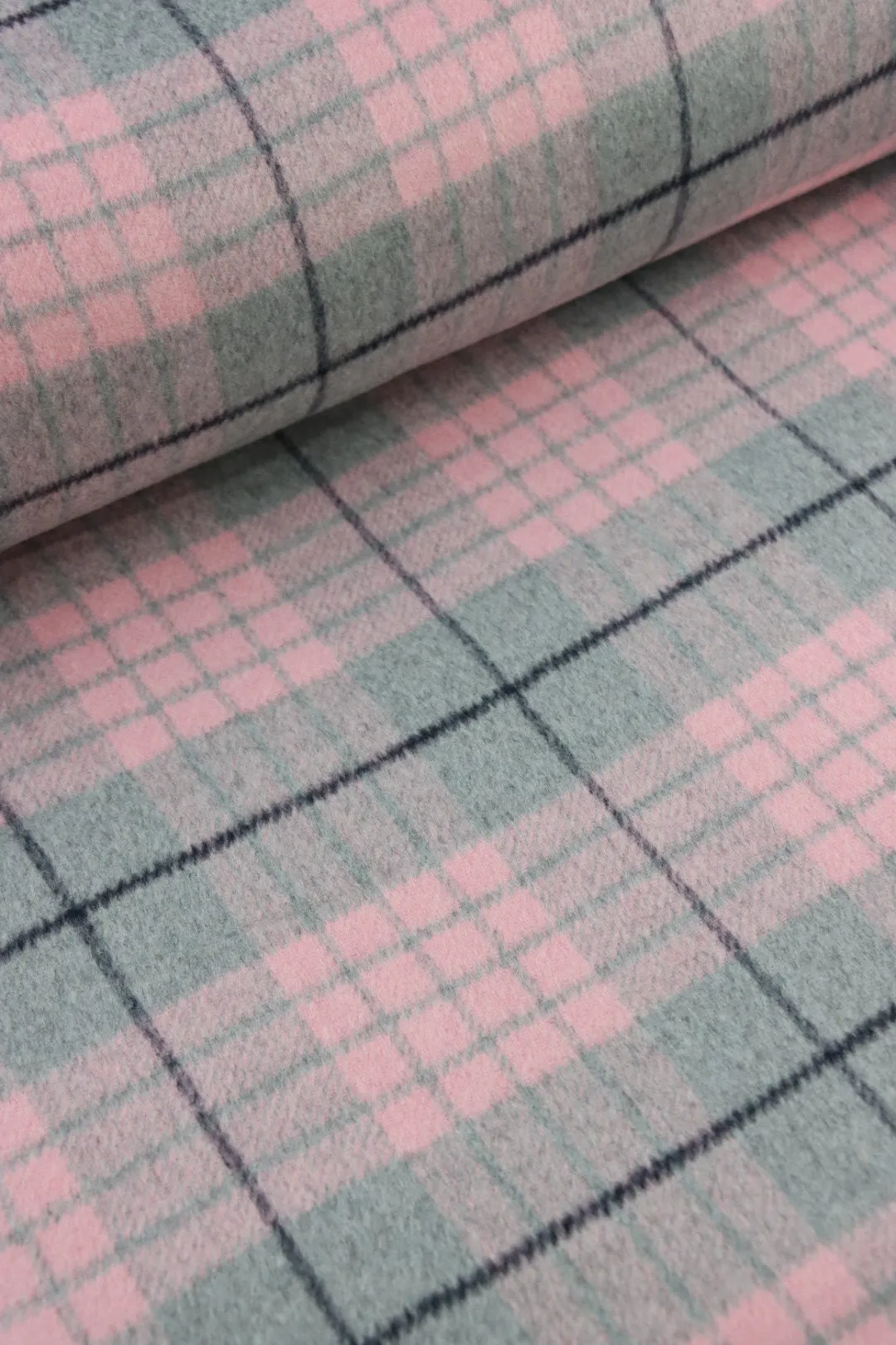 Pink/Gray/Black Plaid Melton Double Weave Wool | By The Half Yard