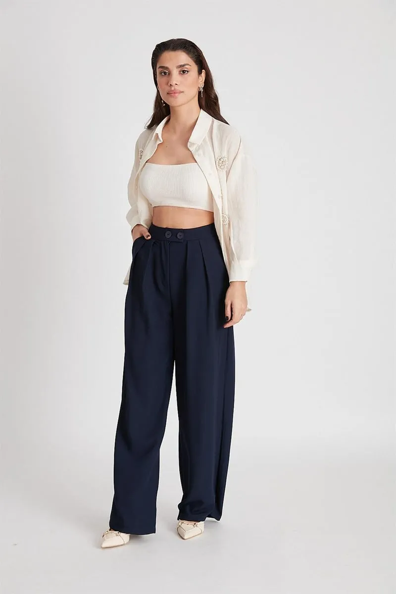 Pleated palazzo pants navy blue