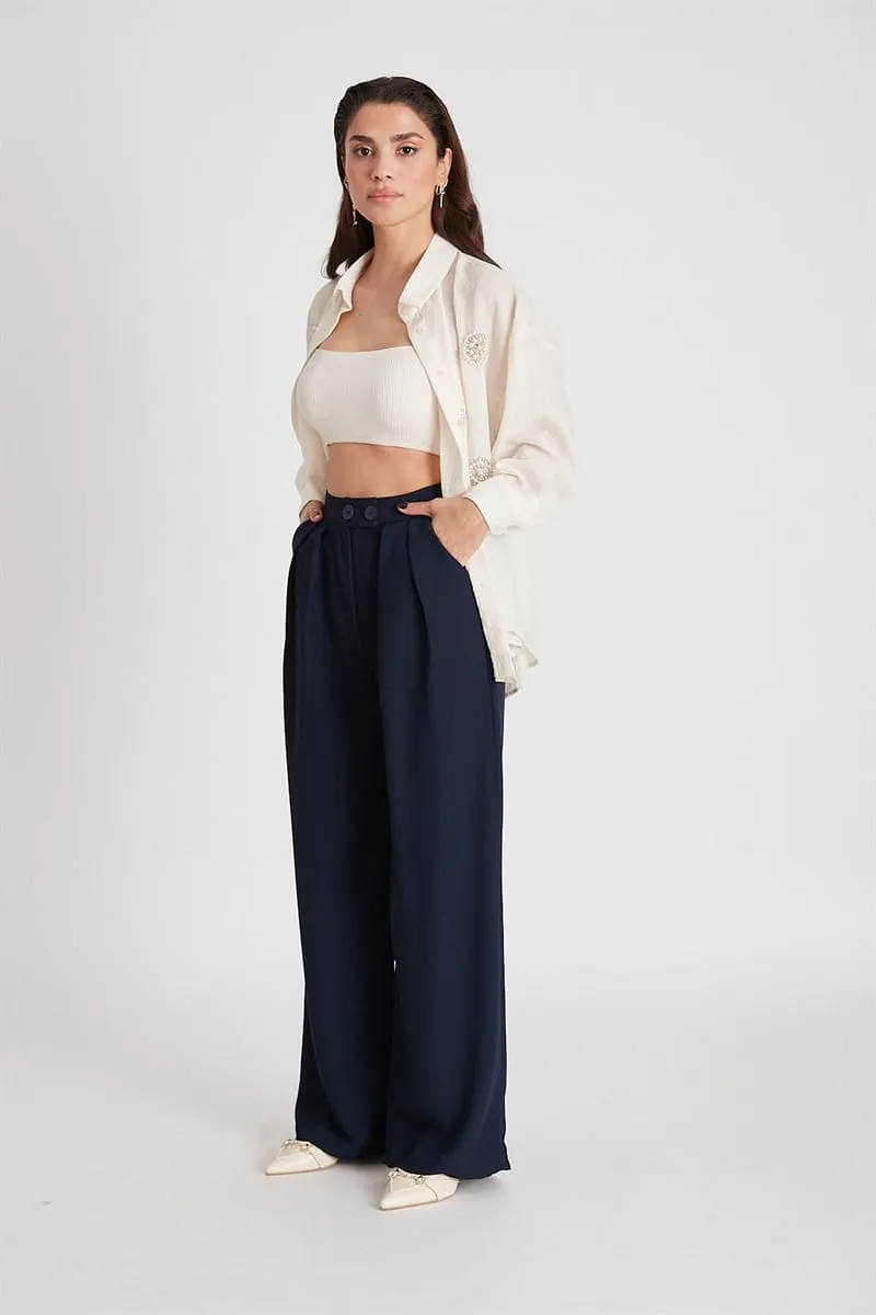 Pleated palazzo pants navy blue