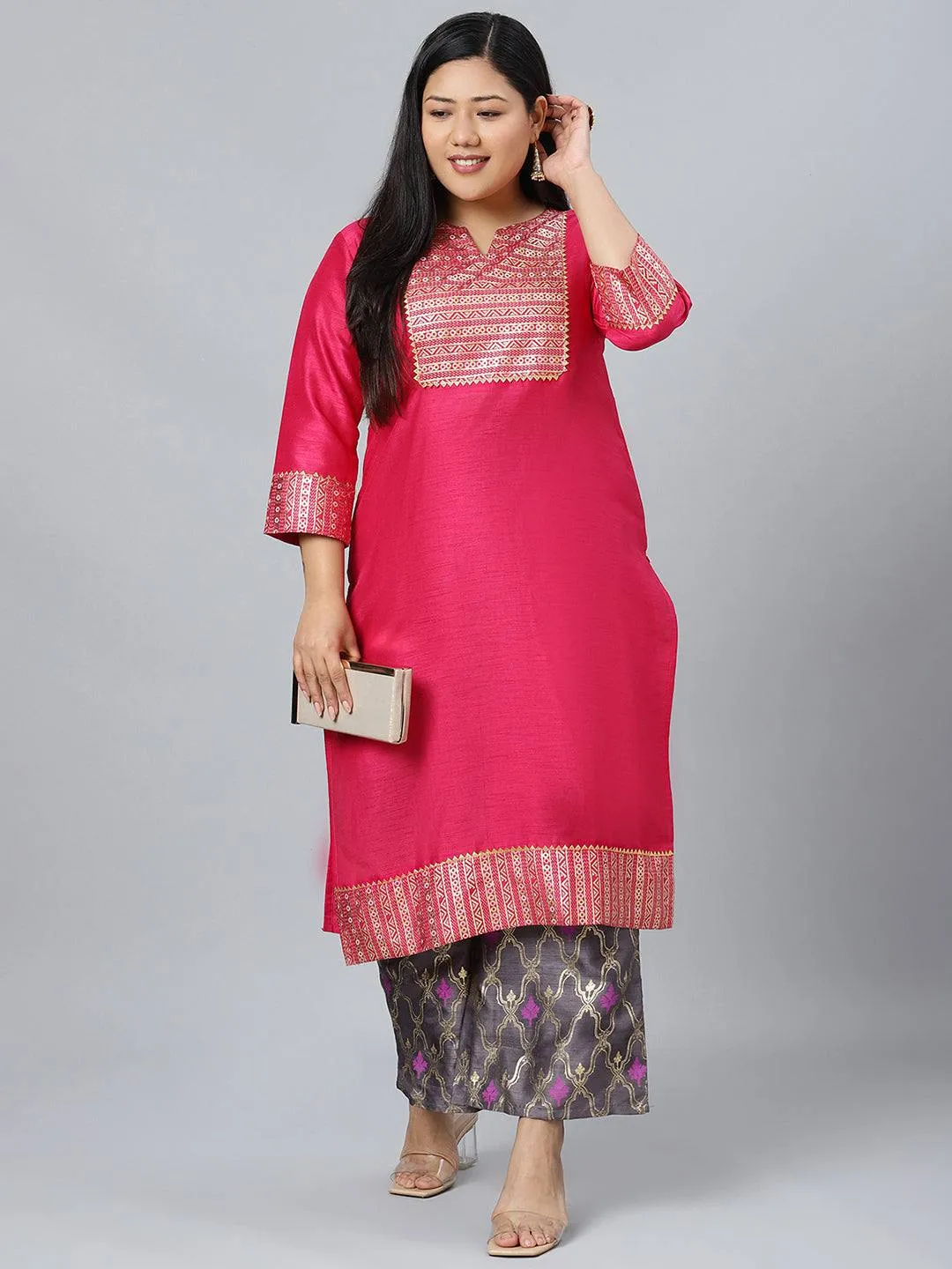 Poly Silk Pink Kurta Palazzo Set