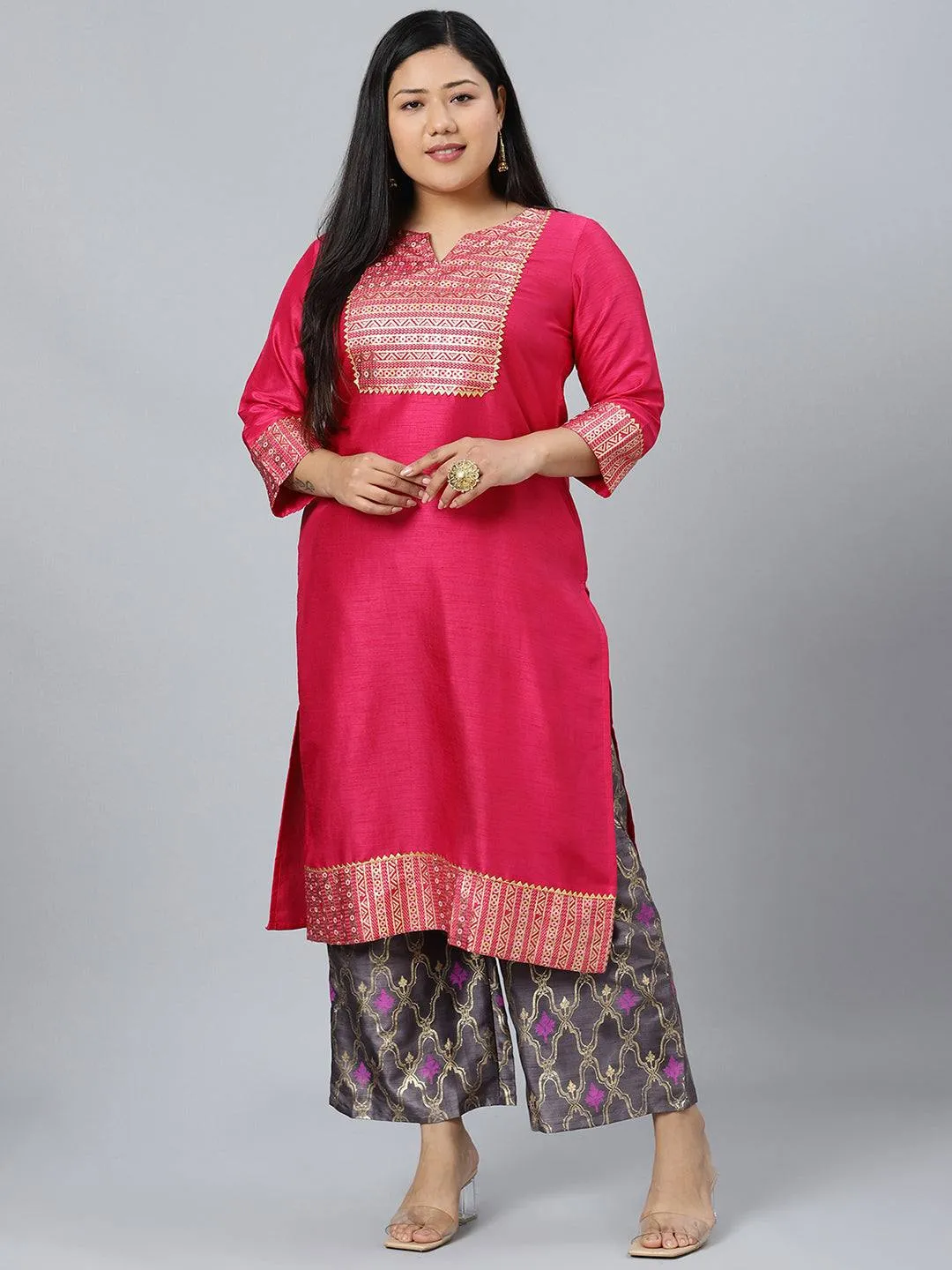 Poly Silk Pink Kurta Palazzo Set