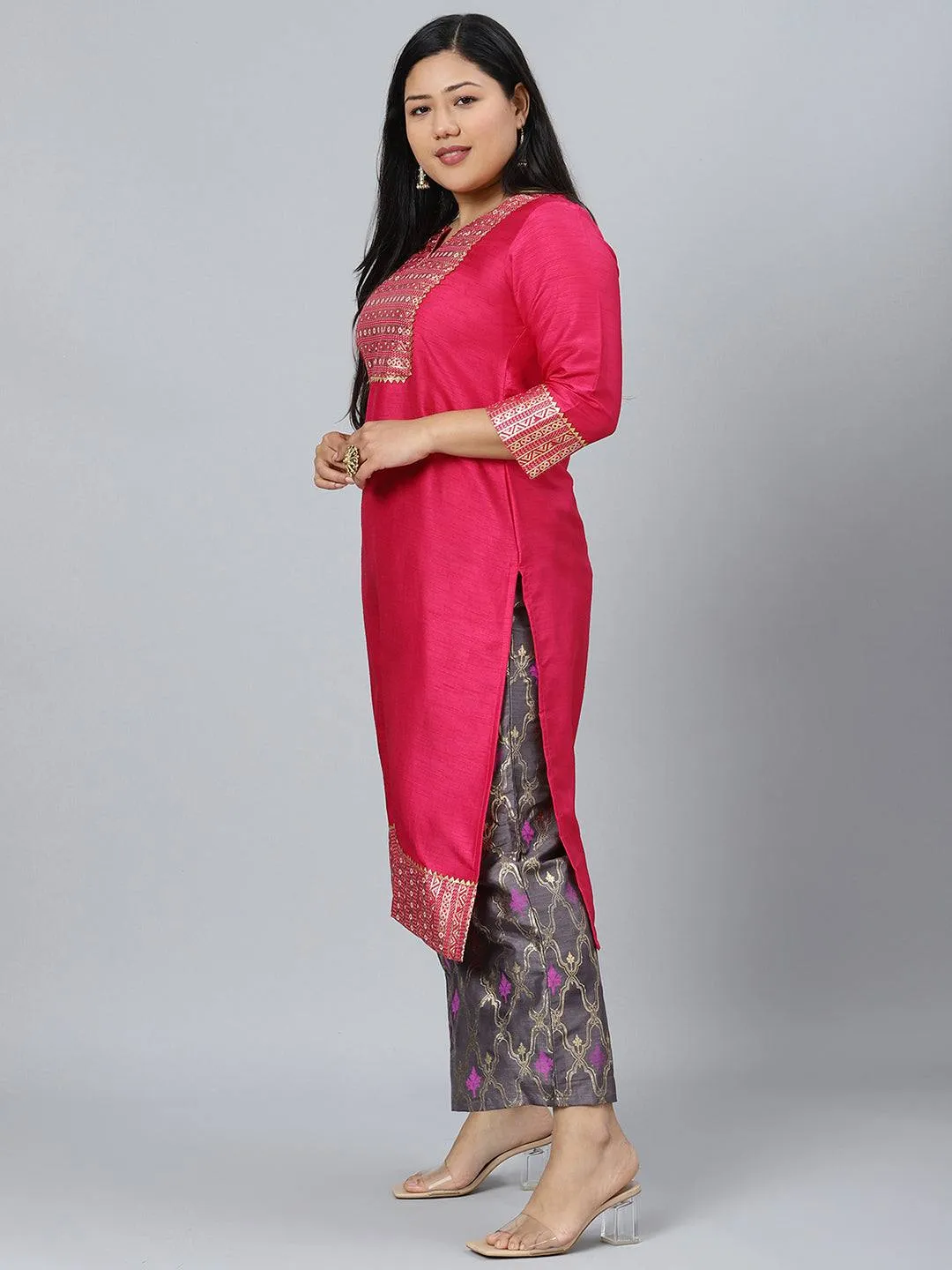 Poly Silk Pink Kurta Palazzo Set