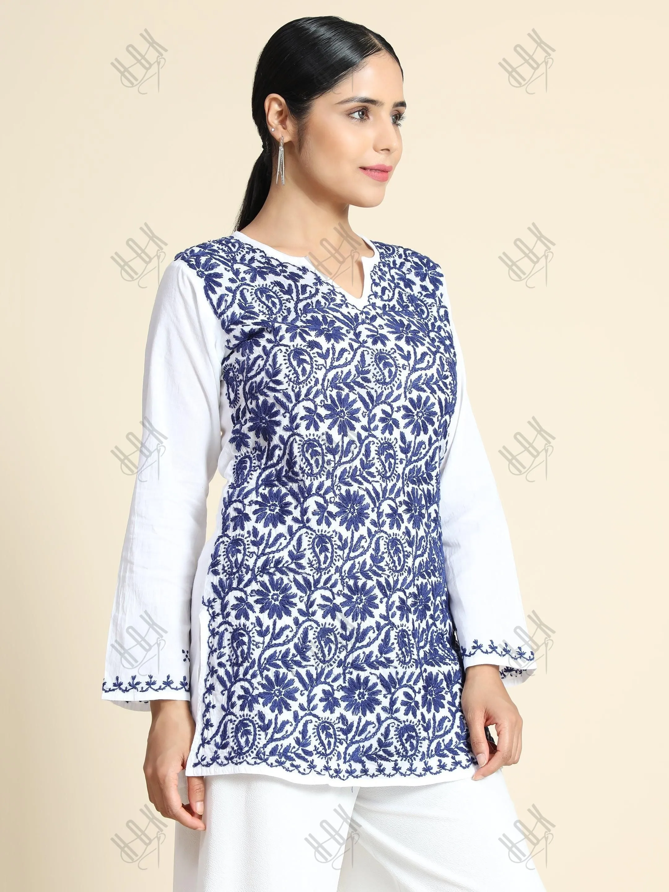 Premium Hand Embroidery Chikankari Printed Short Cotton Tunics