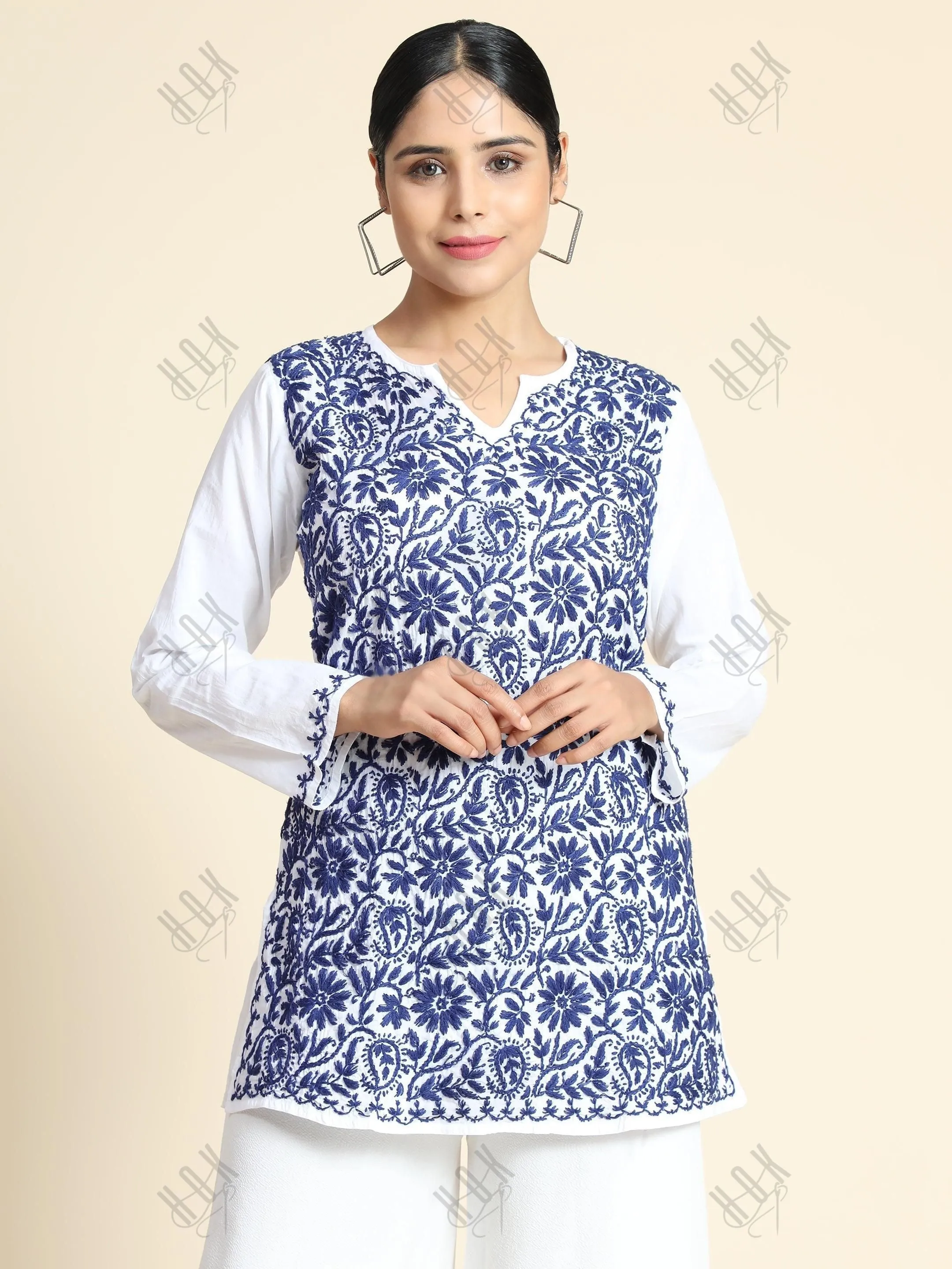 Premium Hand Embroidery Chikankari Printed Short Cotton Tunics