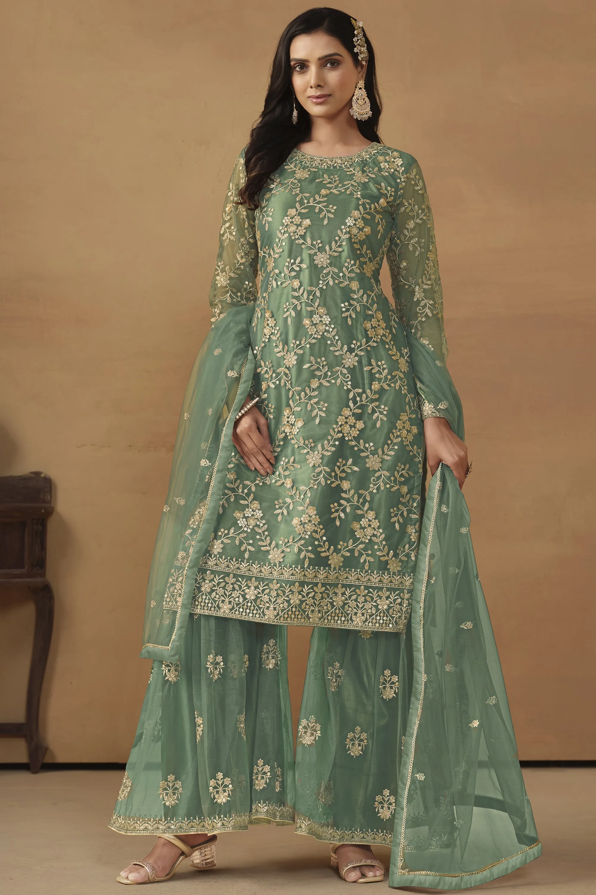 Radiant Sea Green Color Net Fabric Embroidered Palazzo Suit