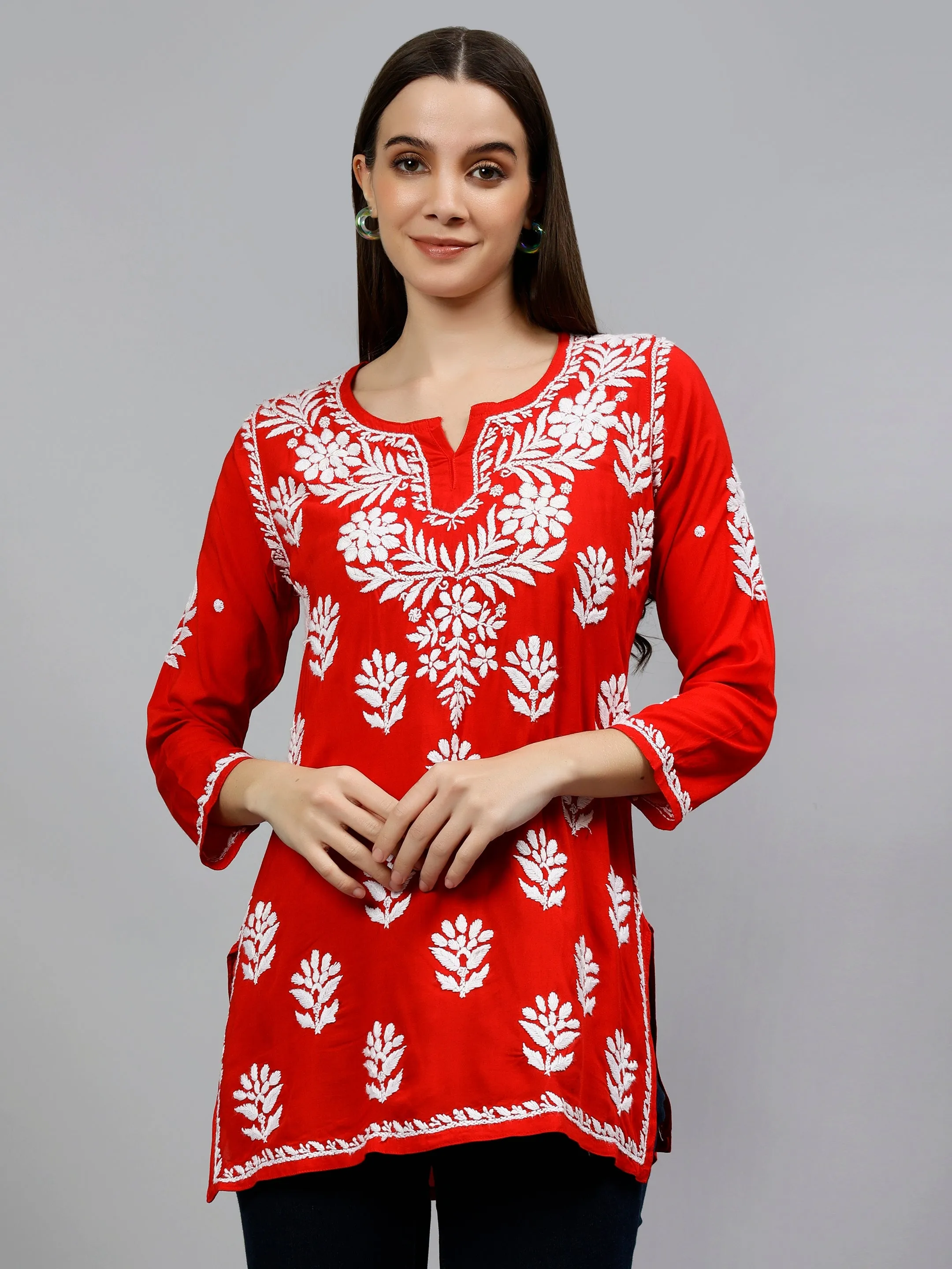 Red Modal Embroidered Lucknowi Chikankari Short Tunic