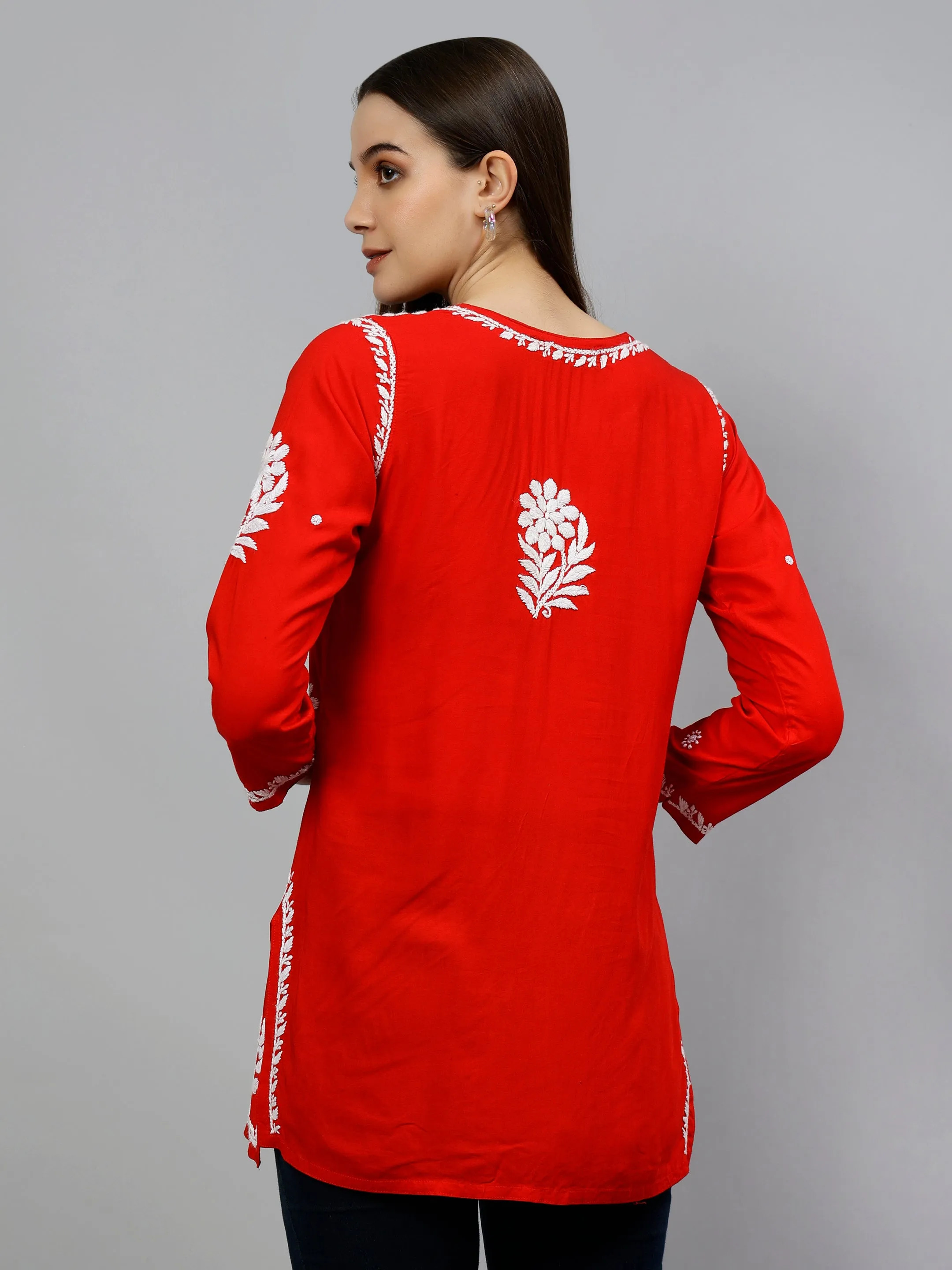 Red Modal Embroidered Lucknowi Chikankari Short Tunic