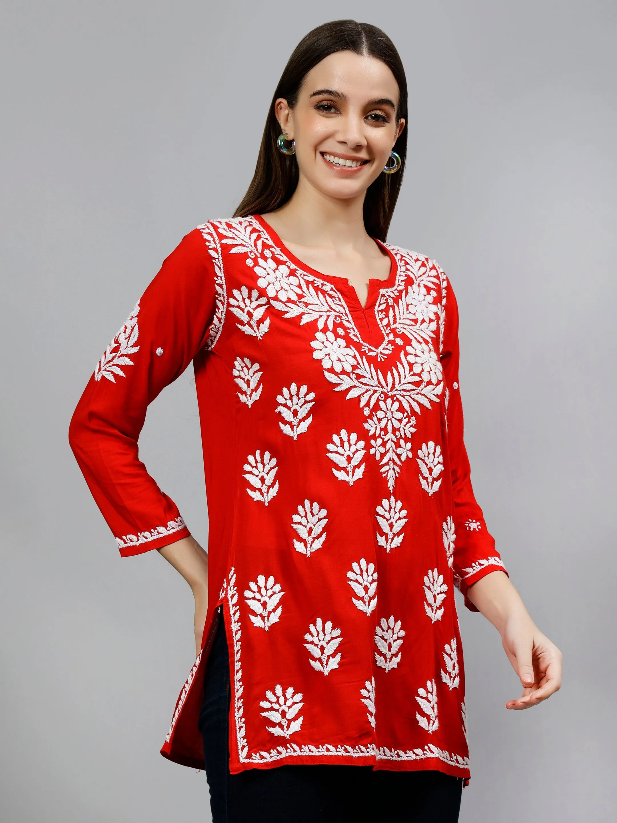 Red Modal Embroidered Lucknowi Chikankari Short Tunic