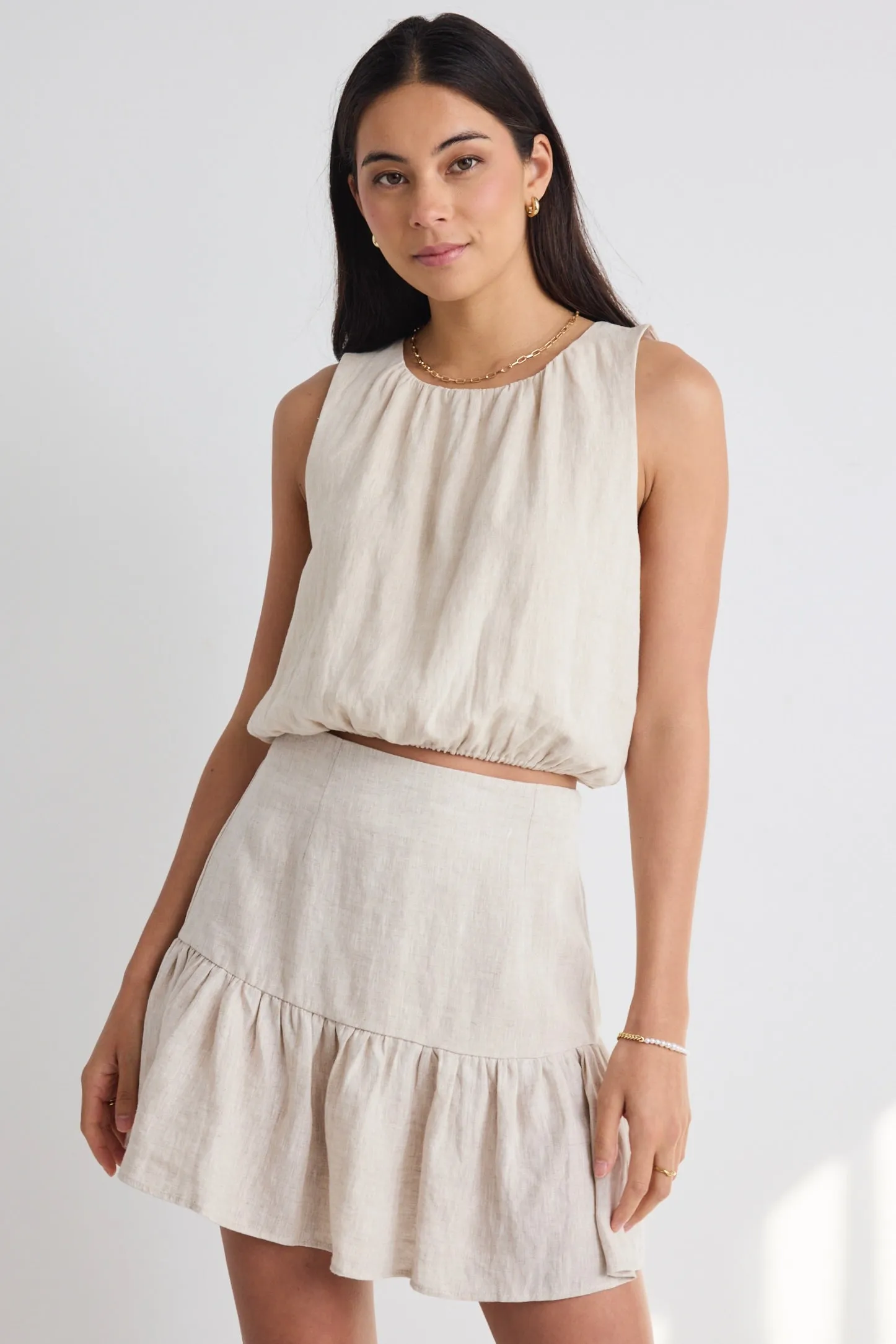 Revival Natural Linen Tiered Mini Skirt