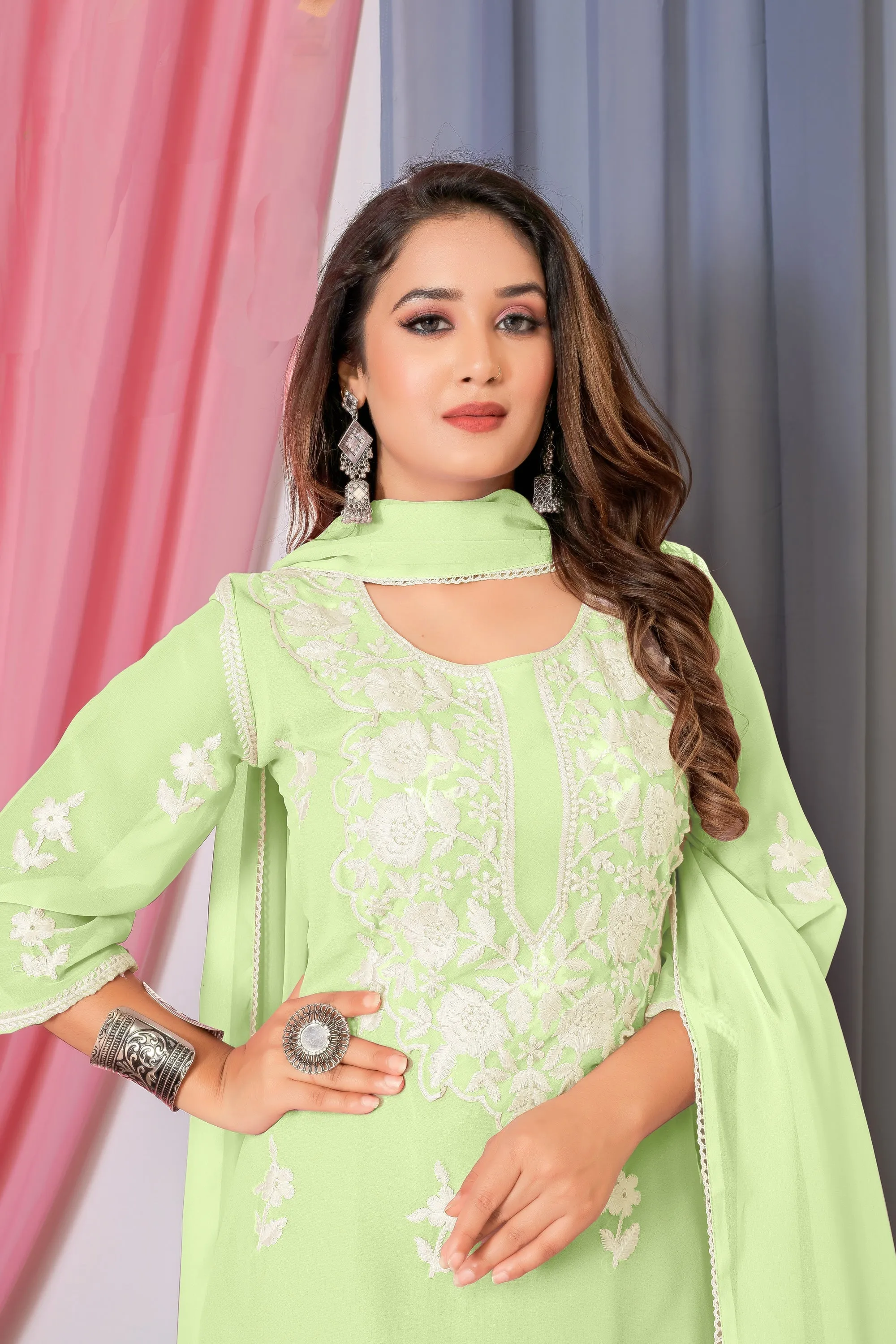 Sea Green Color Georgette Fabric Embroidered Awesome Palazzo Suit