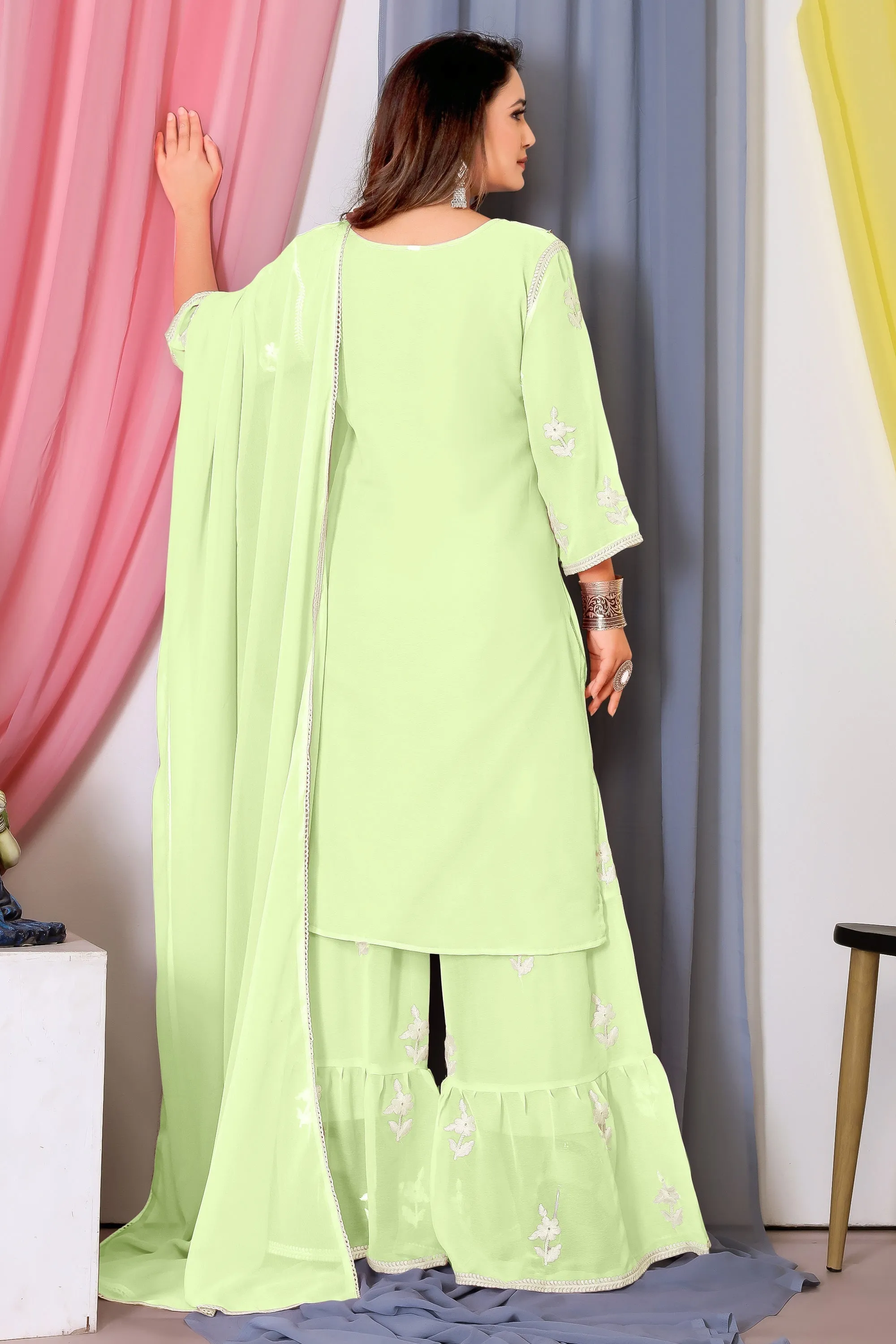 Sea Green Color Georgette Fabric Embroidered Awesome Palazzo Suit