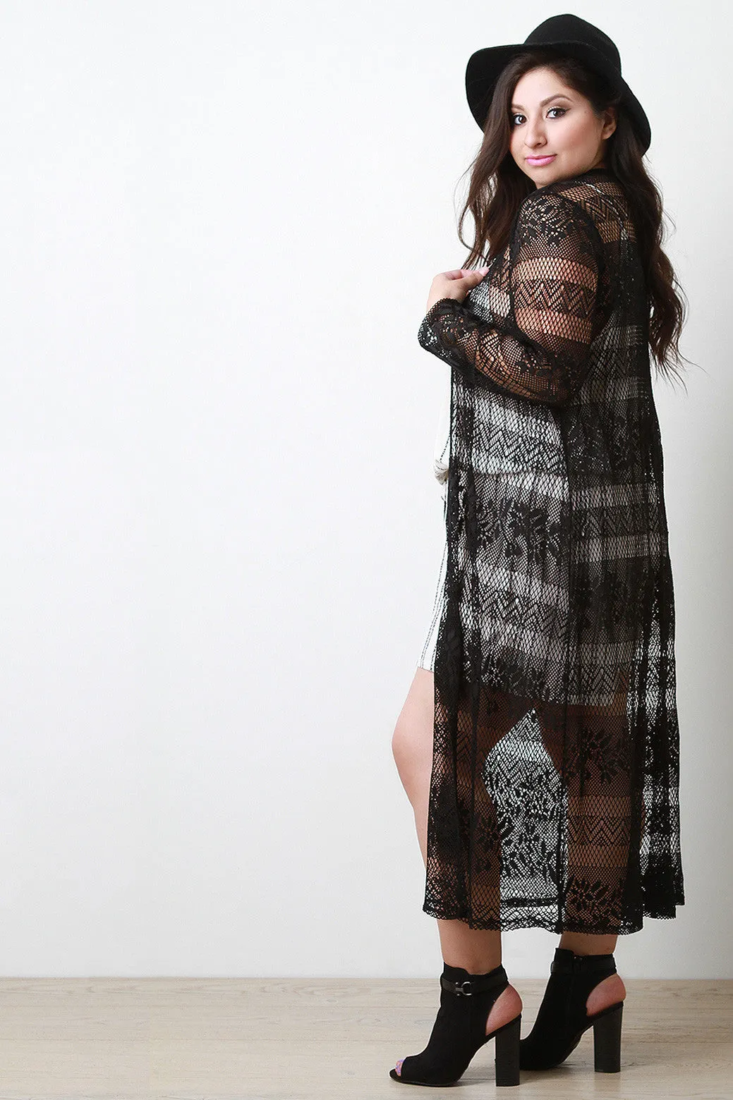 Semi-Sheer Open Front Long Cardigan