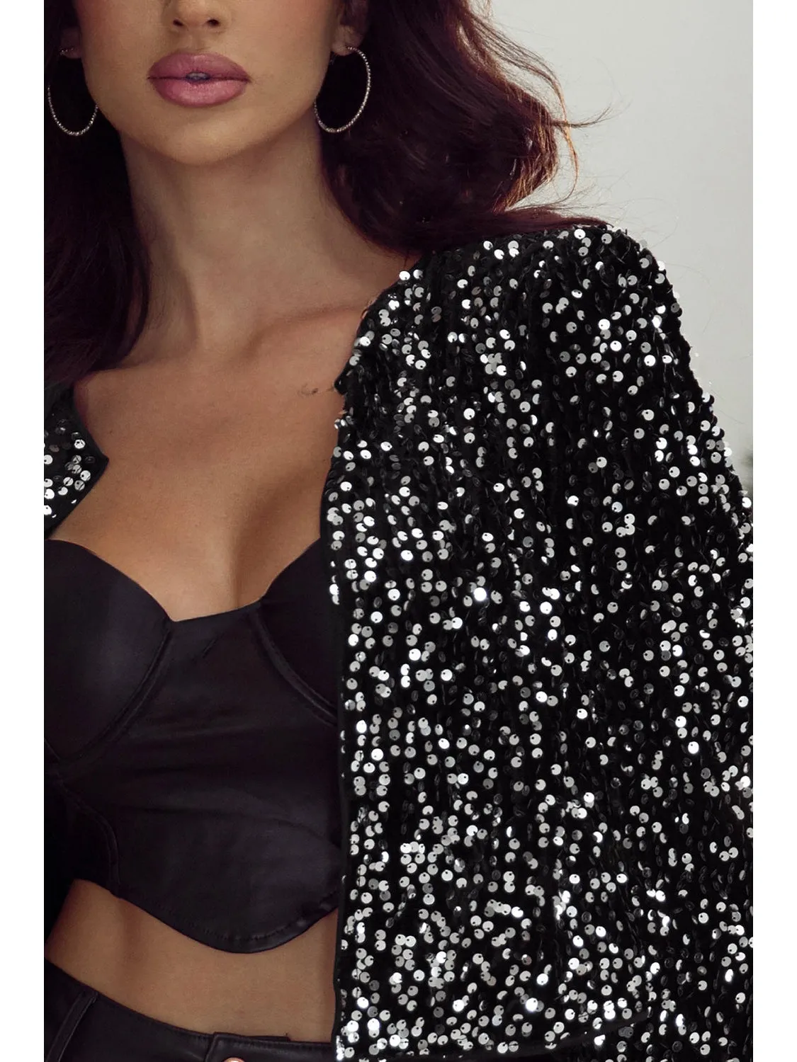 Sequin Open Front Long Sleeve Jacket