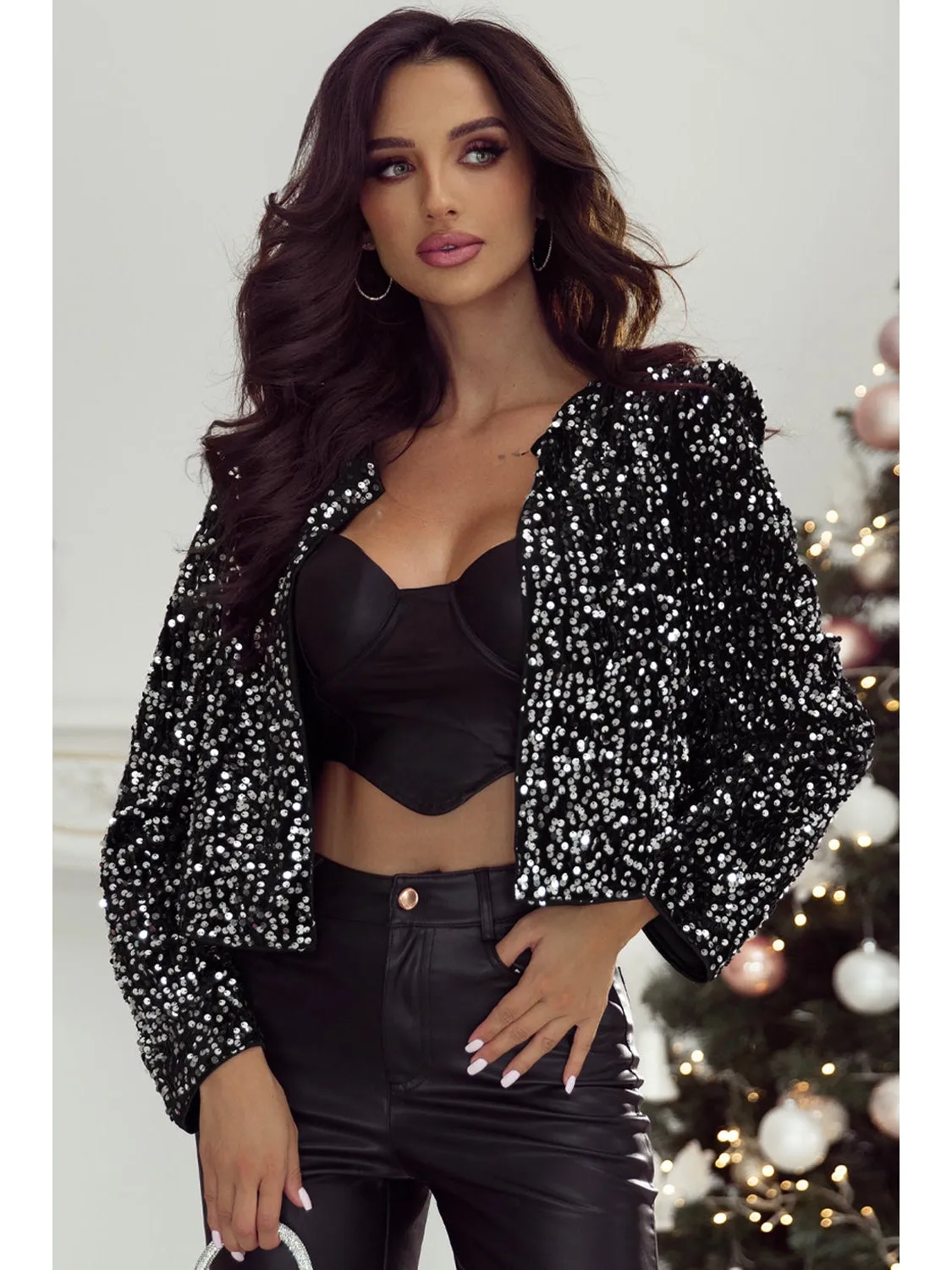 Sequin Open Front Long Sleeve Jacket