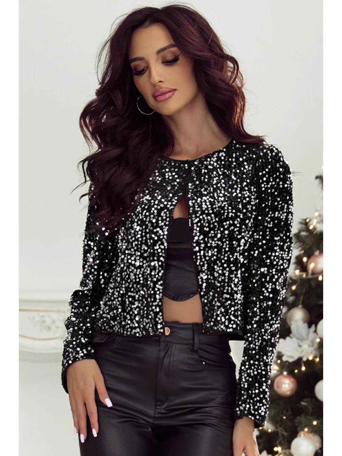 Sequin Open Front Long Sleeve Jacket