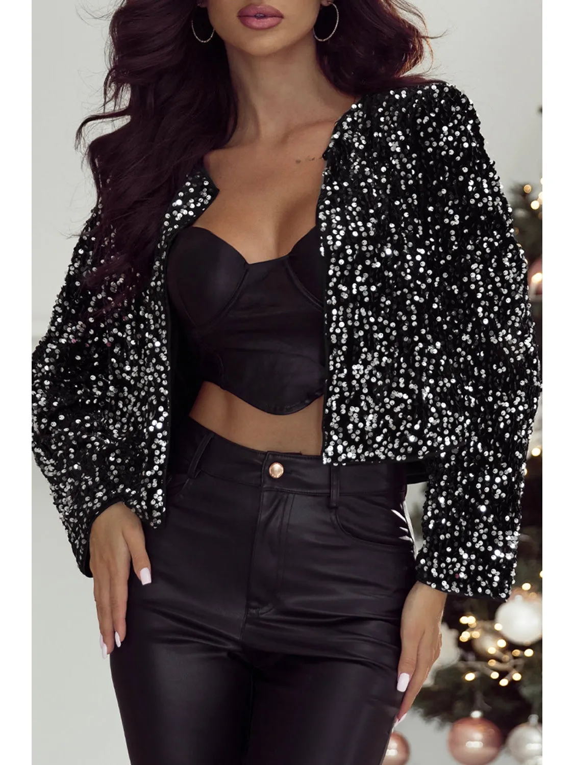 Sequin Open Front Long Sleeve Jacket