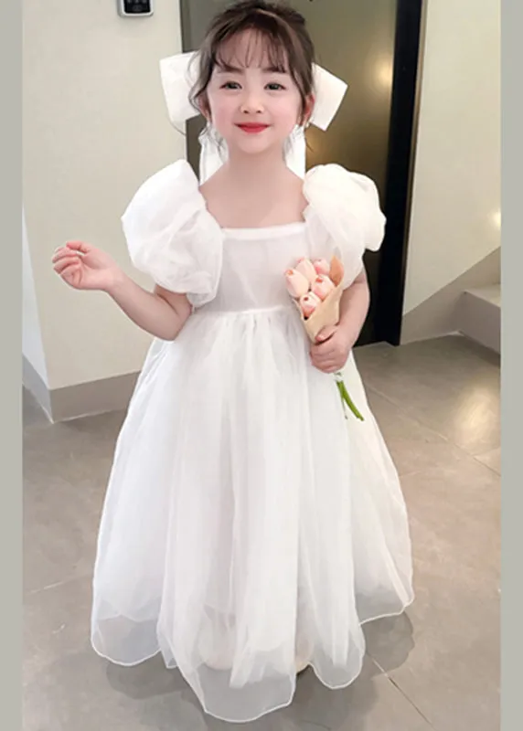 Simple White Square Collar Patchwork Tulle Girls Vacation Long Dresses Summer XZ043