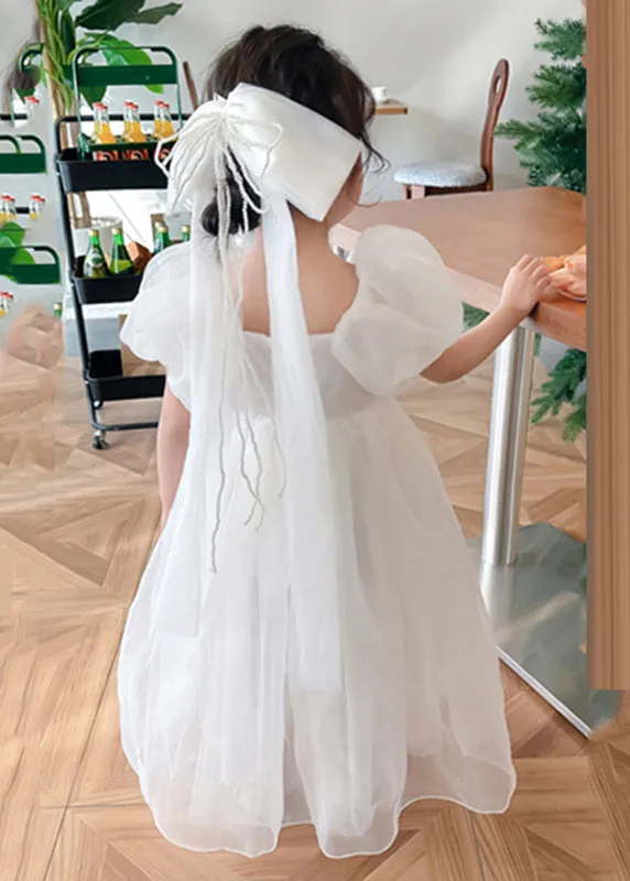 Simple White Square Collar Patchwork Tulle Girls Vacation Long Dresses Summer XZ043