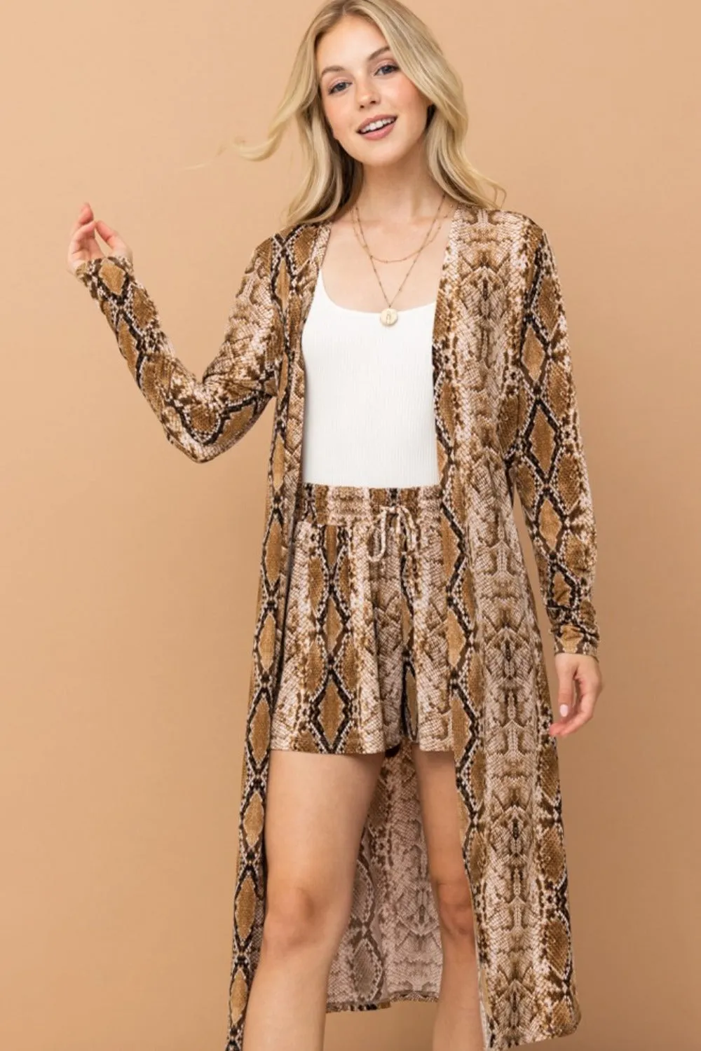 Snake Print Kimono Open Front Longline Cardigan