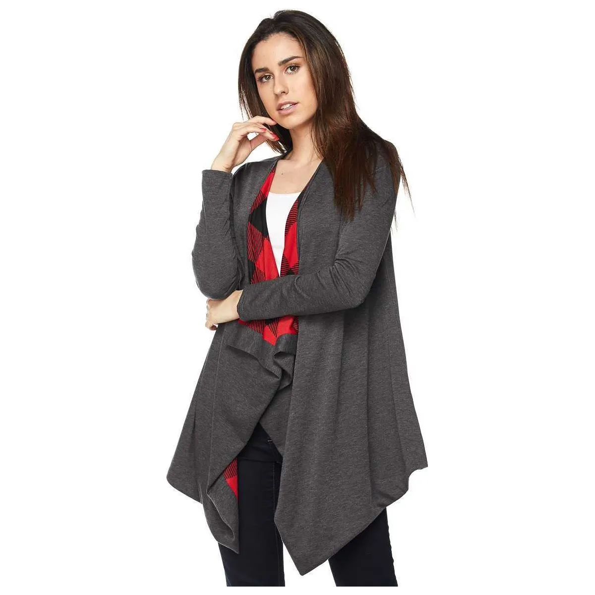 Solid Draped Cardigan with Plaid Print Lining