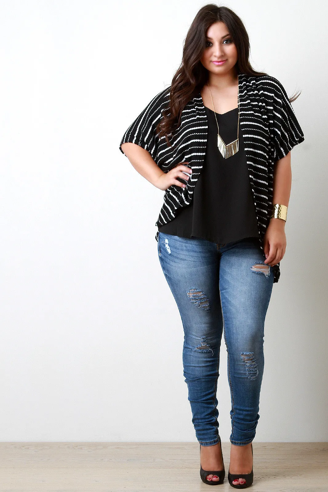 Stripe Crochet Open Front Dolman Cardigan