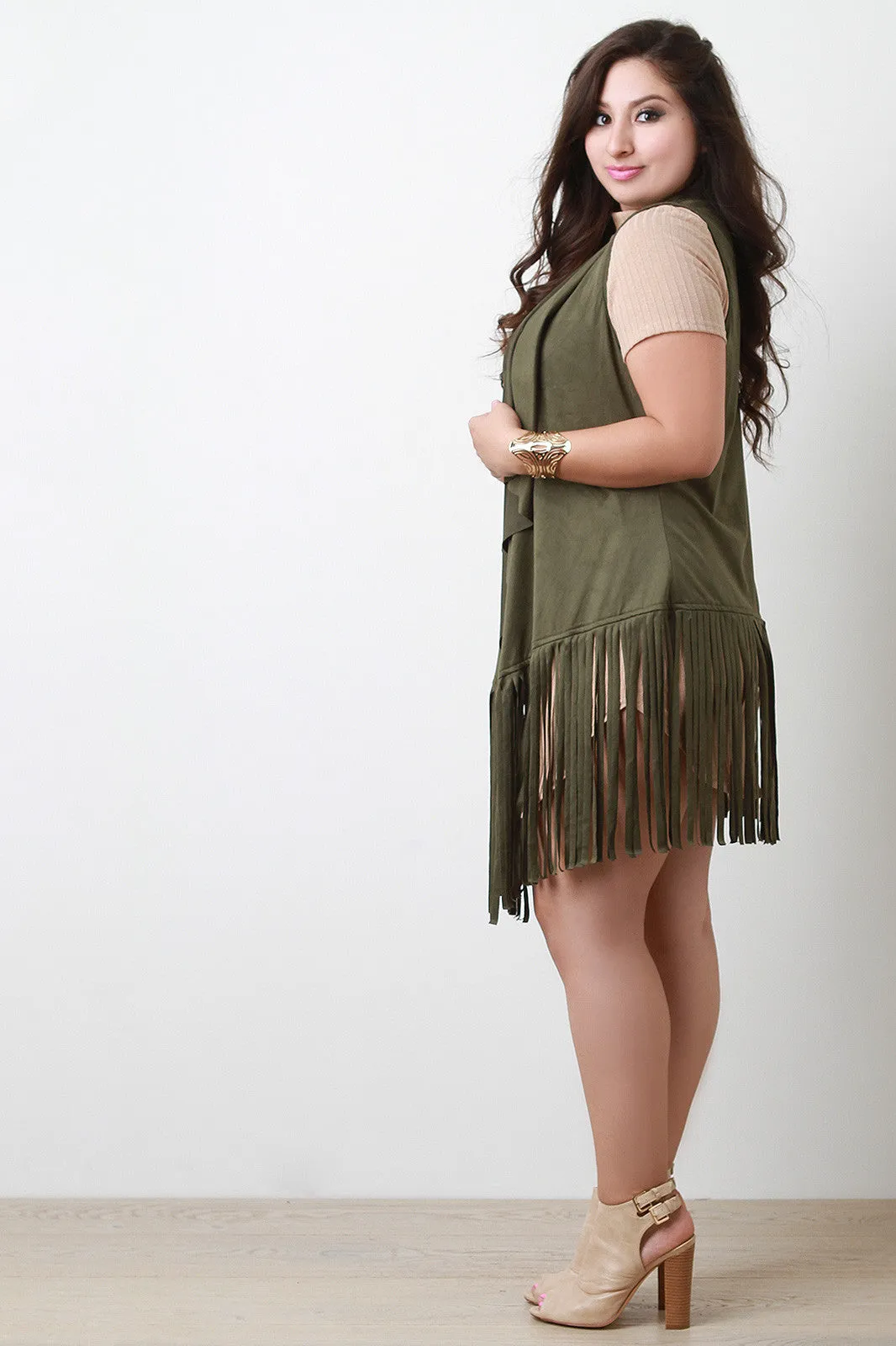 Suede Draping Open Front Fringe Vest