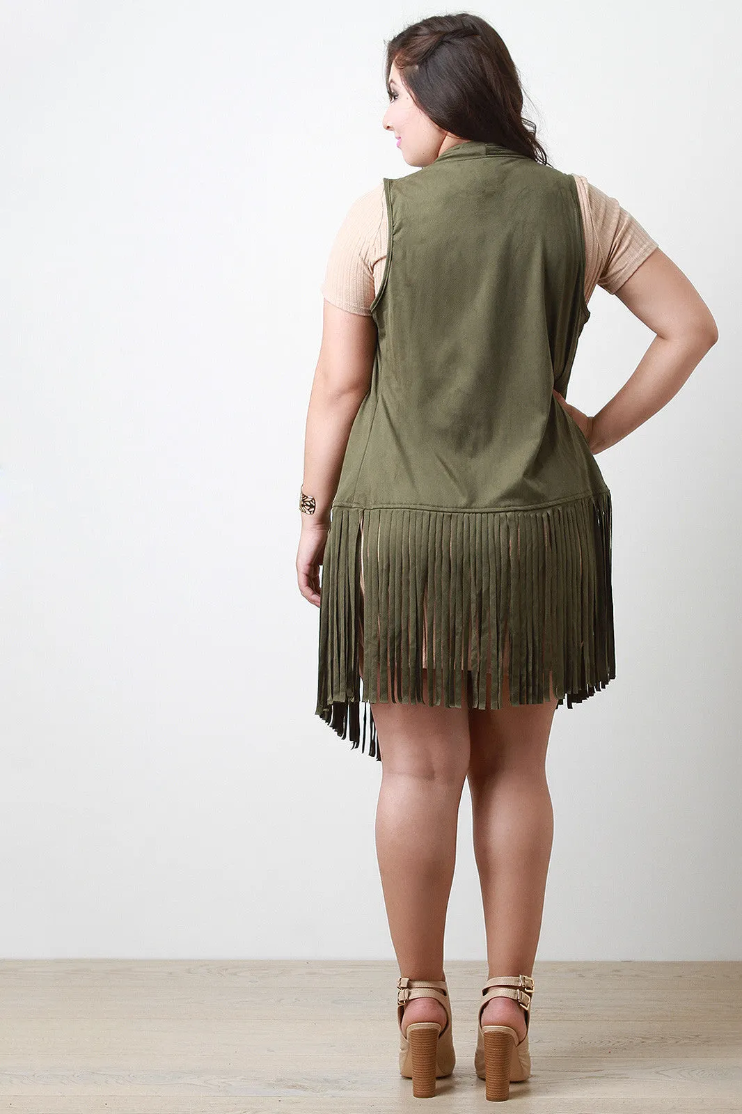 Suede Draping Open Front Fringe Vest