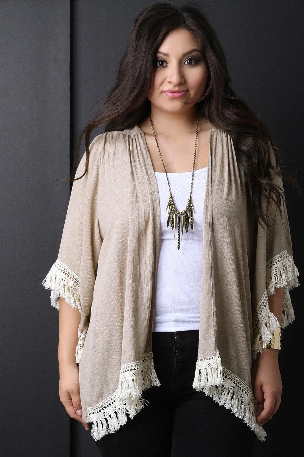 Tassel Crochet-Hem Open Front Cardigan