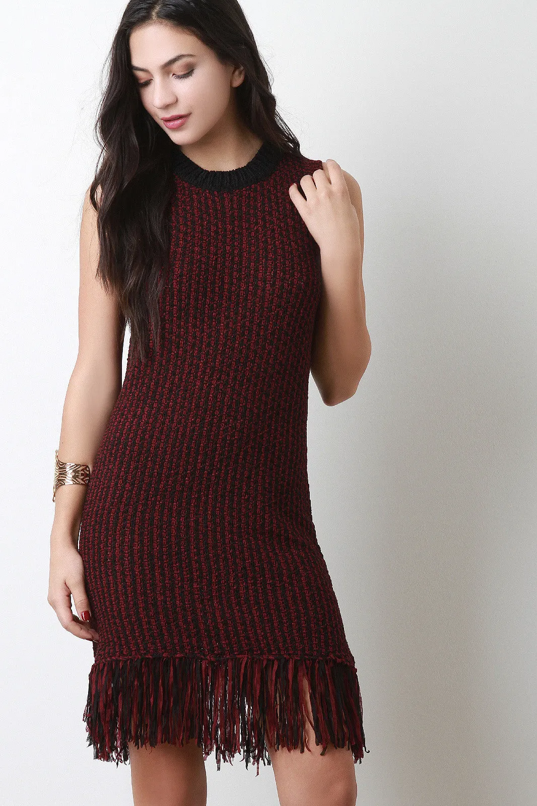 Two-Tone Fringed Woven Shift Dress