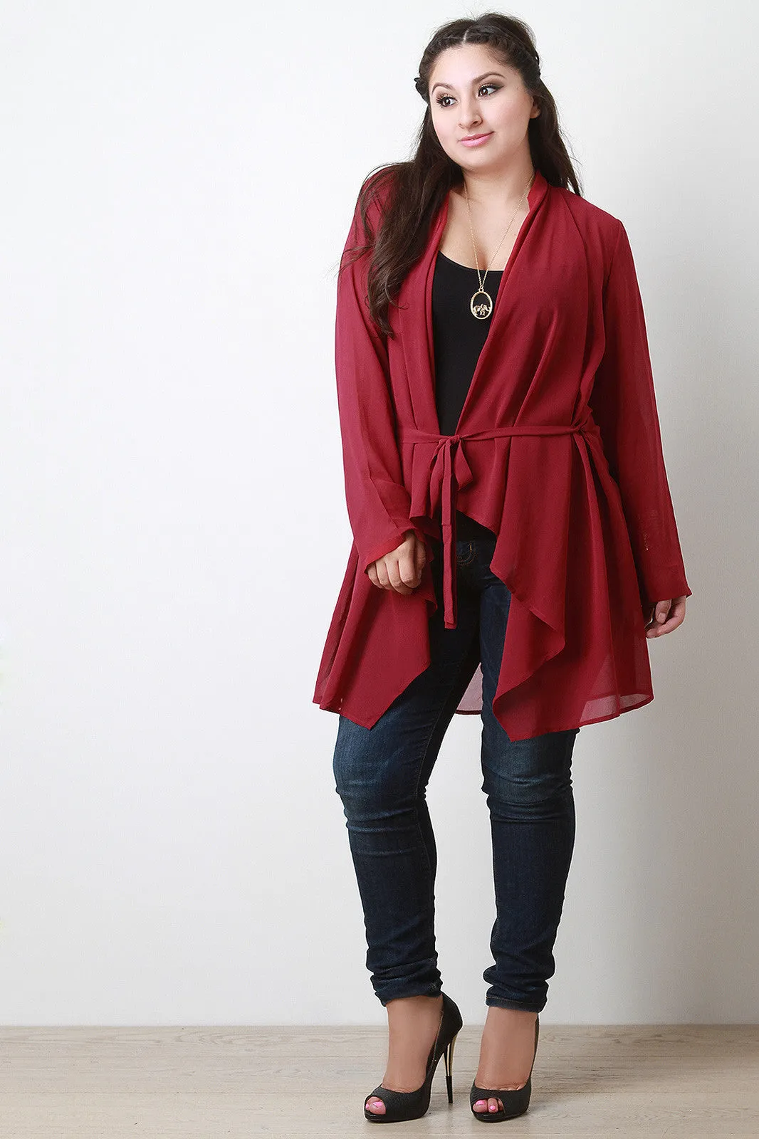 Waist-Tie Chiffon Open Front Long Sleeves Cardigan