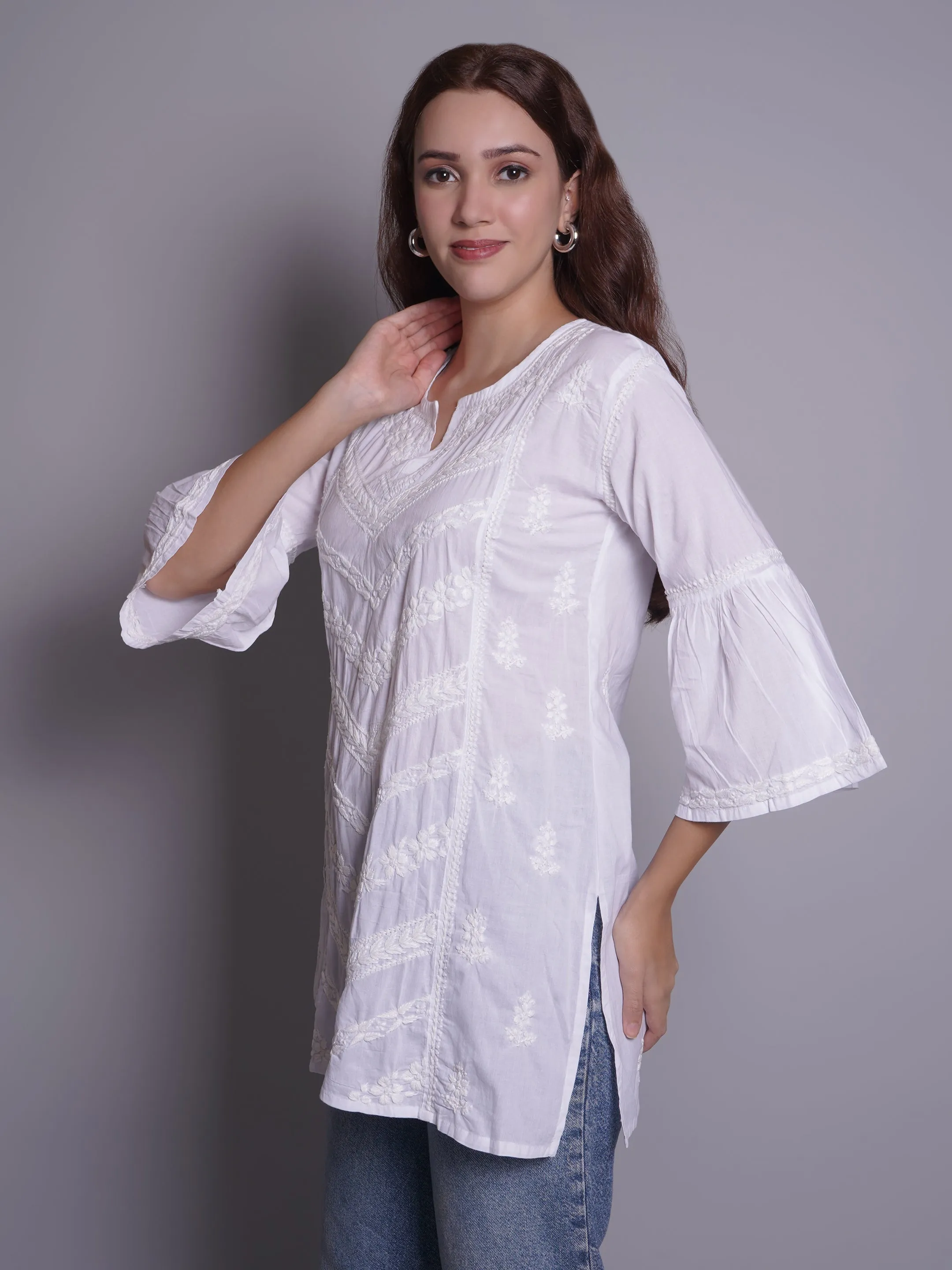 White Cotton Embroidered Chikankari Short Tunic