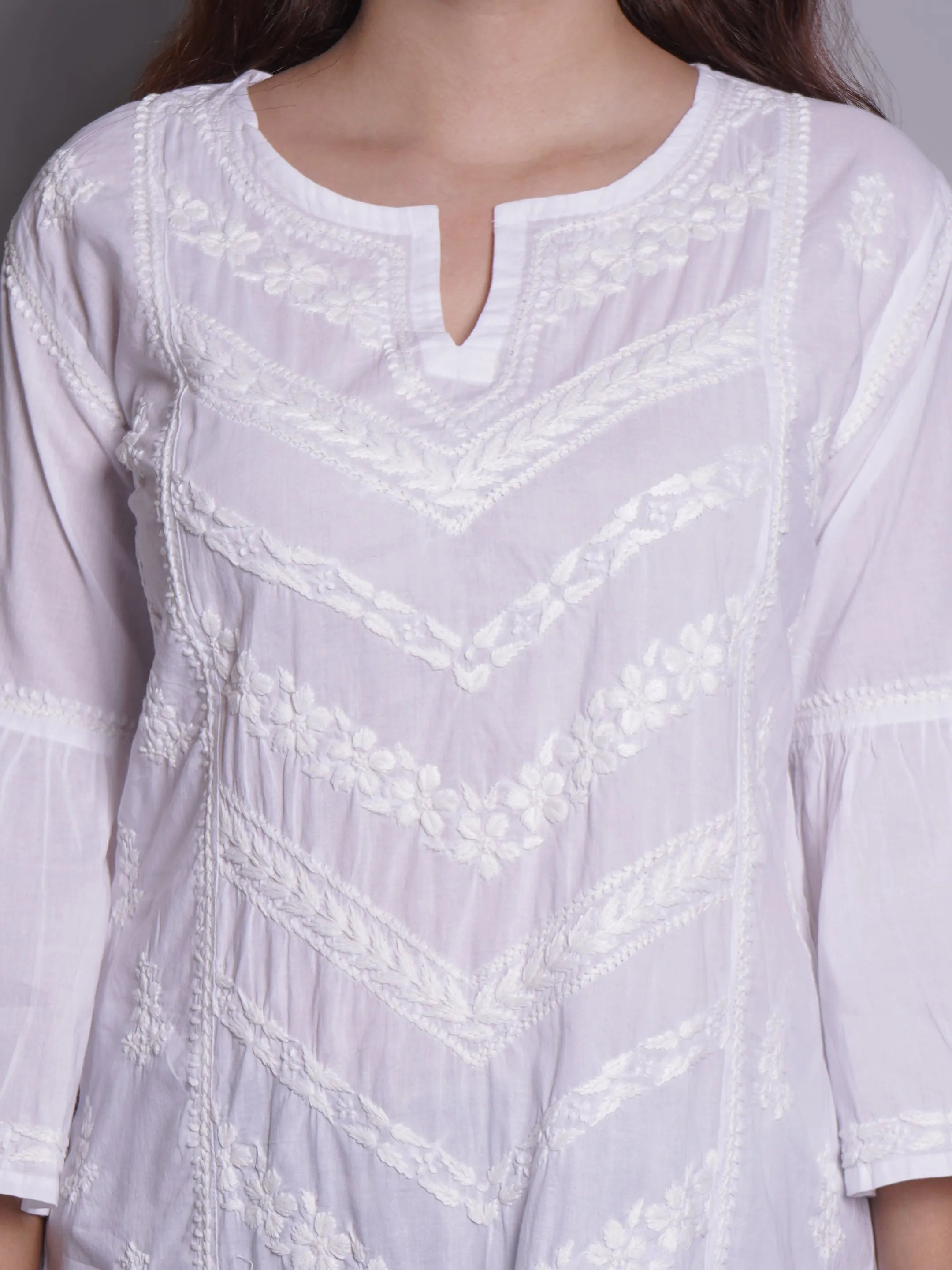 White Cotton Embroidered Chikankari Short Tunic