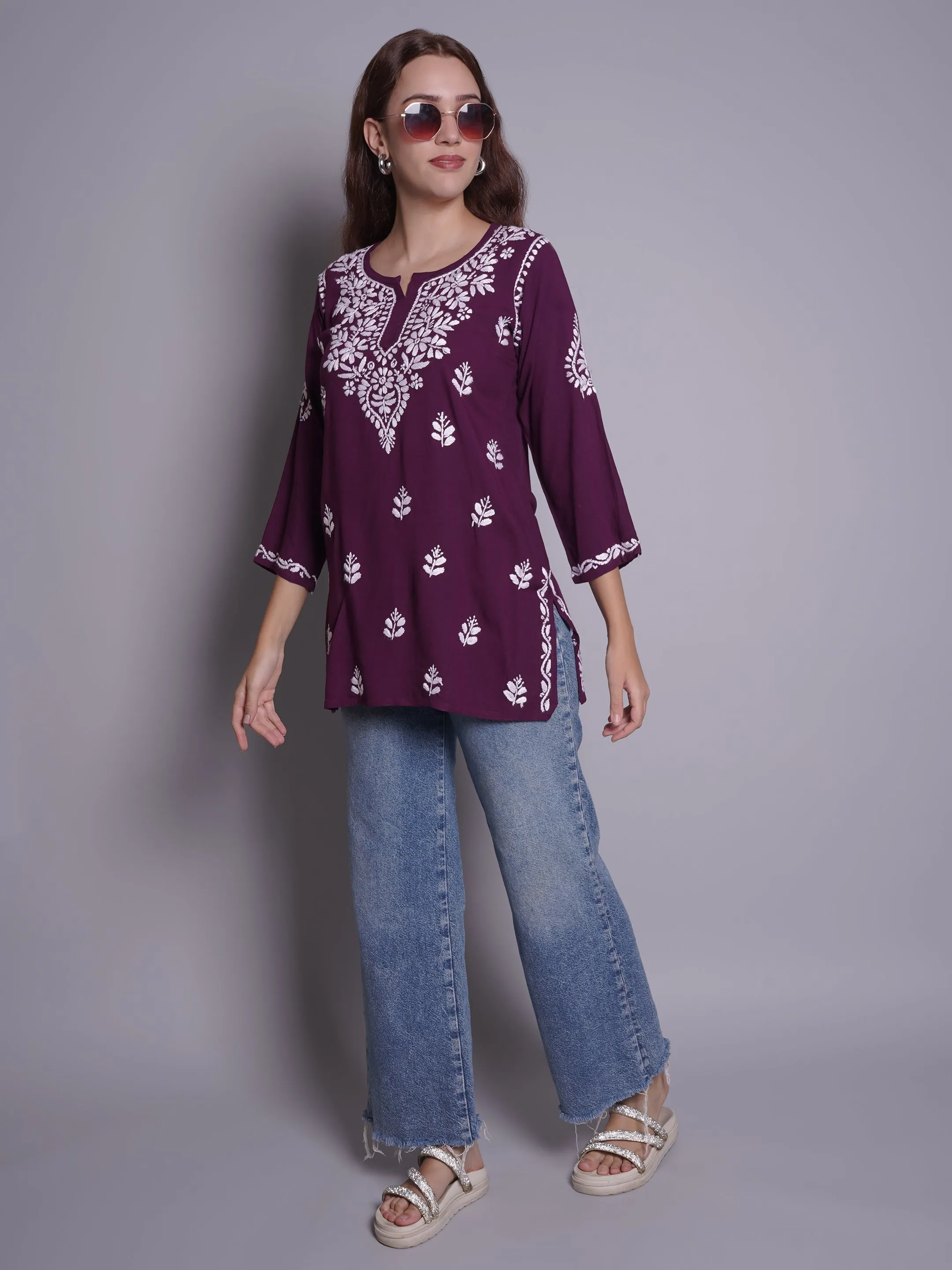 Wine Rayon Embroidered Chikankari Short Tunic