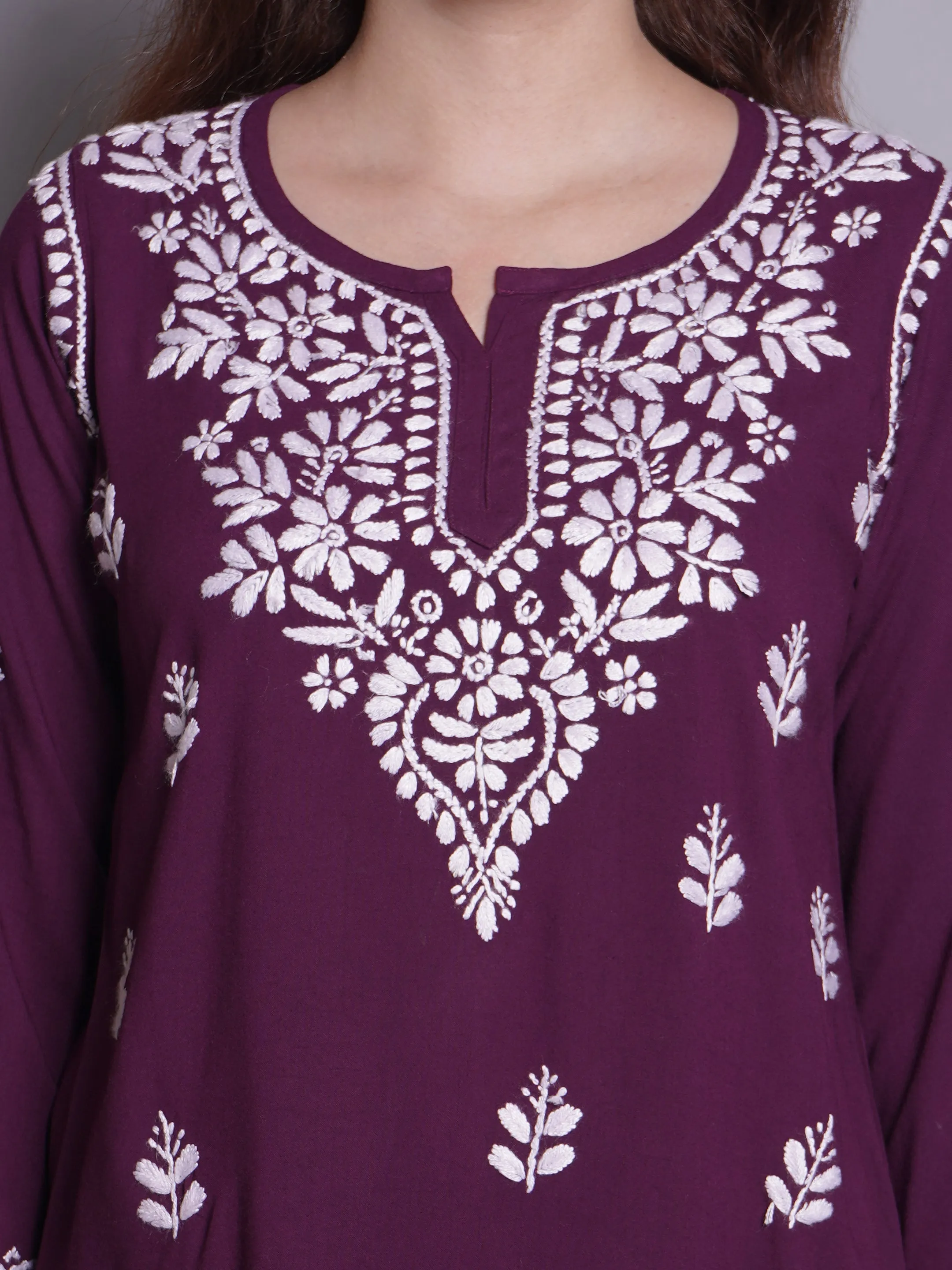 Wine Rayon Embroidered Chikankari Short Tunic