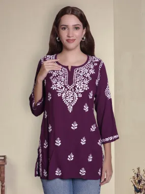 Wine Rayon Embroidered Chikankari Short Tunic