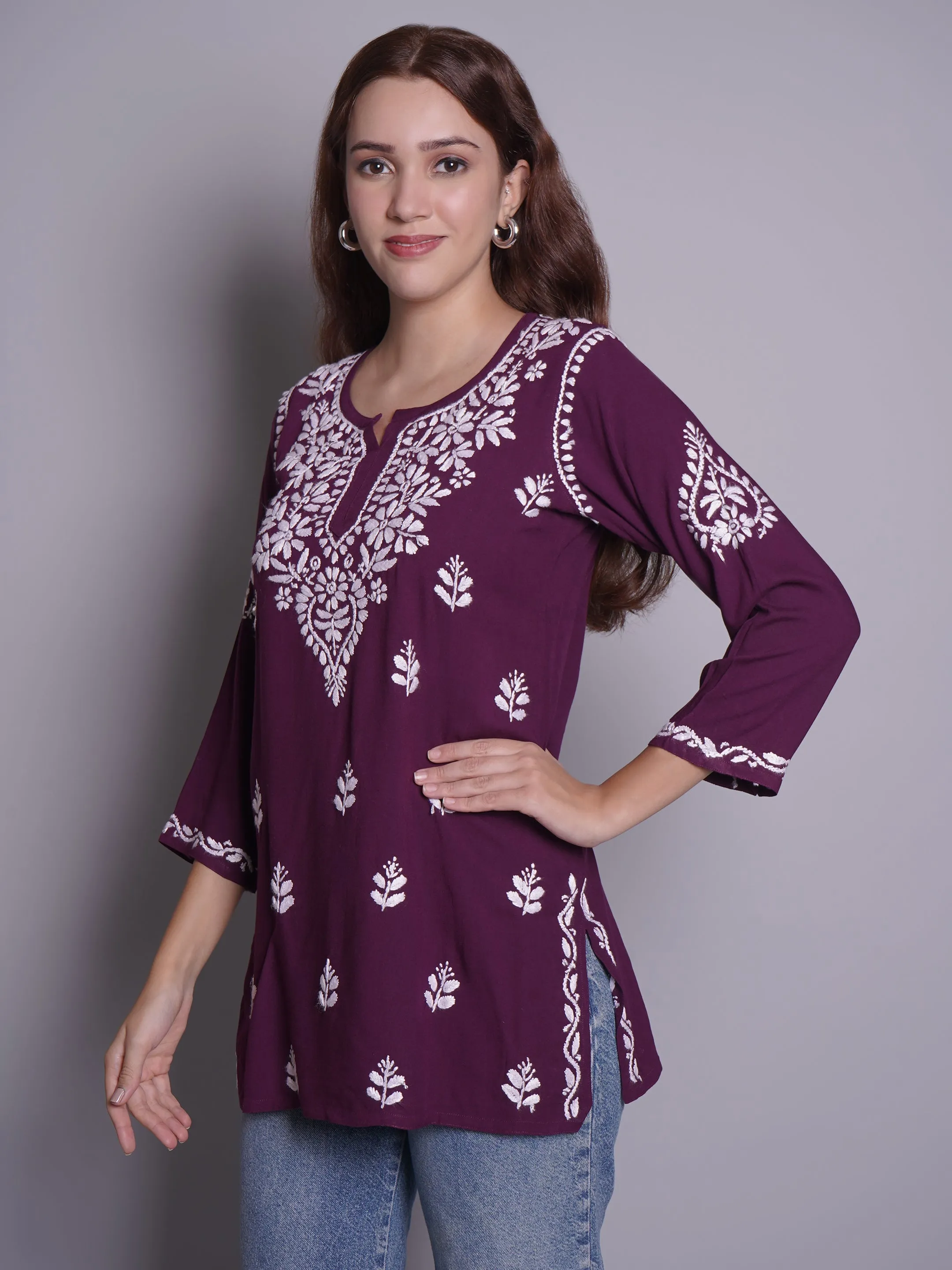 Wine Rayon Embroidered Chikankari Short Tunic