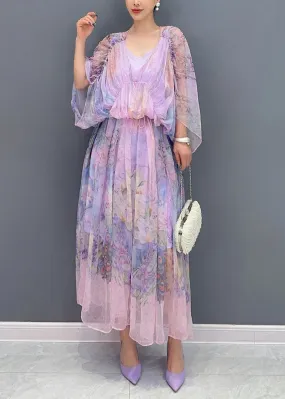 Women Lavender U Neck Print Patchwork Long Dresses Summer AO1064