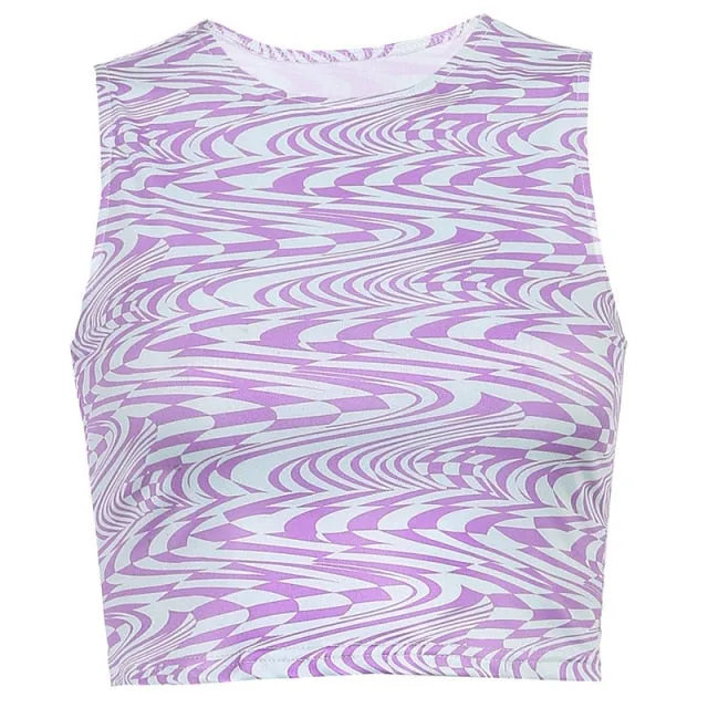 Women Striped Crop Tops | Printed Crop Top | Women Sleeveless O-neck Top | Y2K Streetwear Tops | Women Summer Tops | Clubwear Sexy Crop Tops