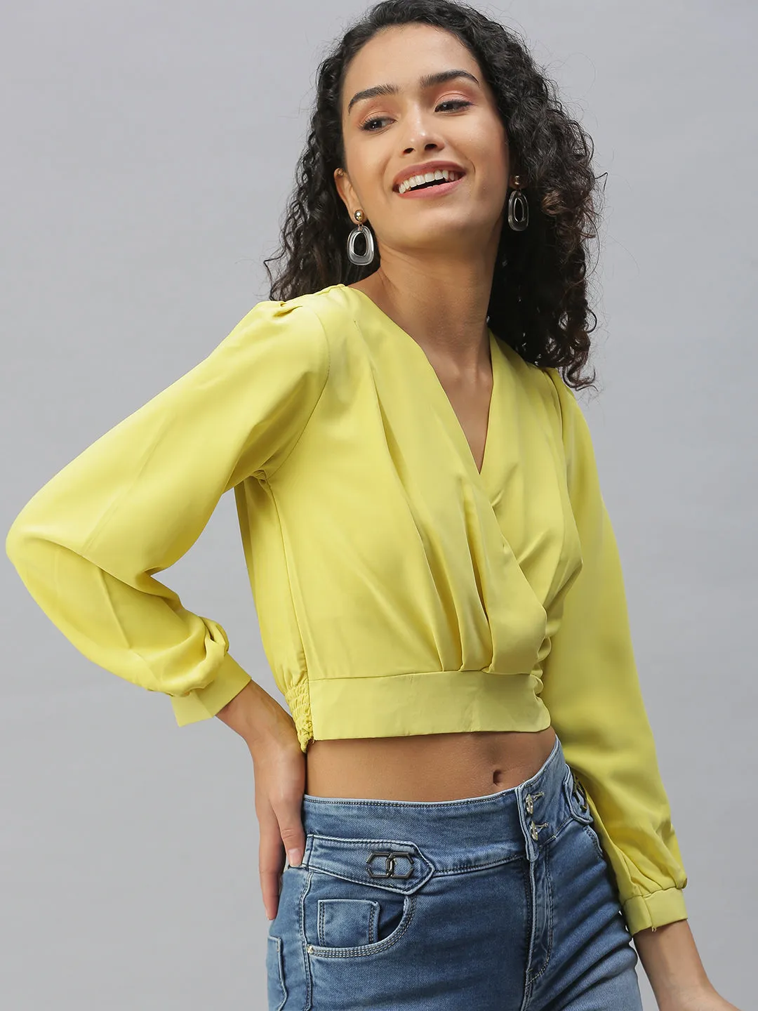 Women's Lime green Solid Crop Tops